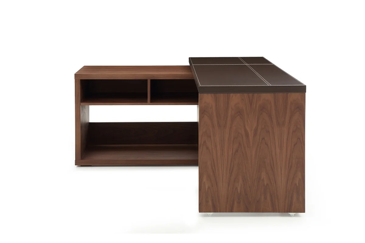 29 Walnut and Brown Veneer L Shaped Desk with a Leather Top By Homeroots - Image 3