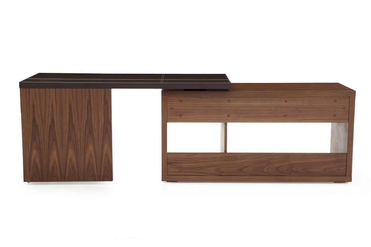 29 Walnut and Brown Veneer L Shaped Desk with a Leather Top By Homeroots - Image 5