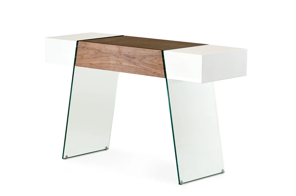 29' White and Walnut Veneer MDF and Glass Floating Console Table By Homeroots - Image 2