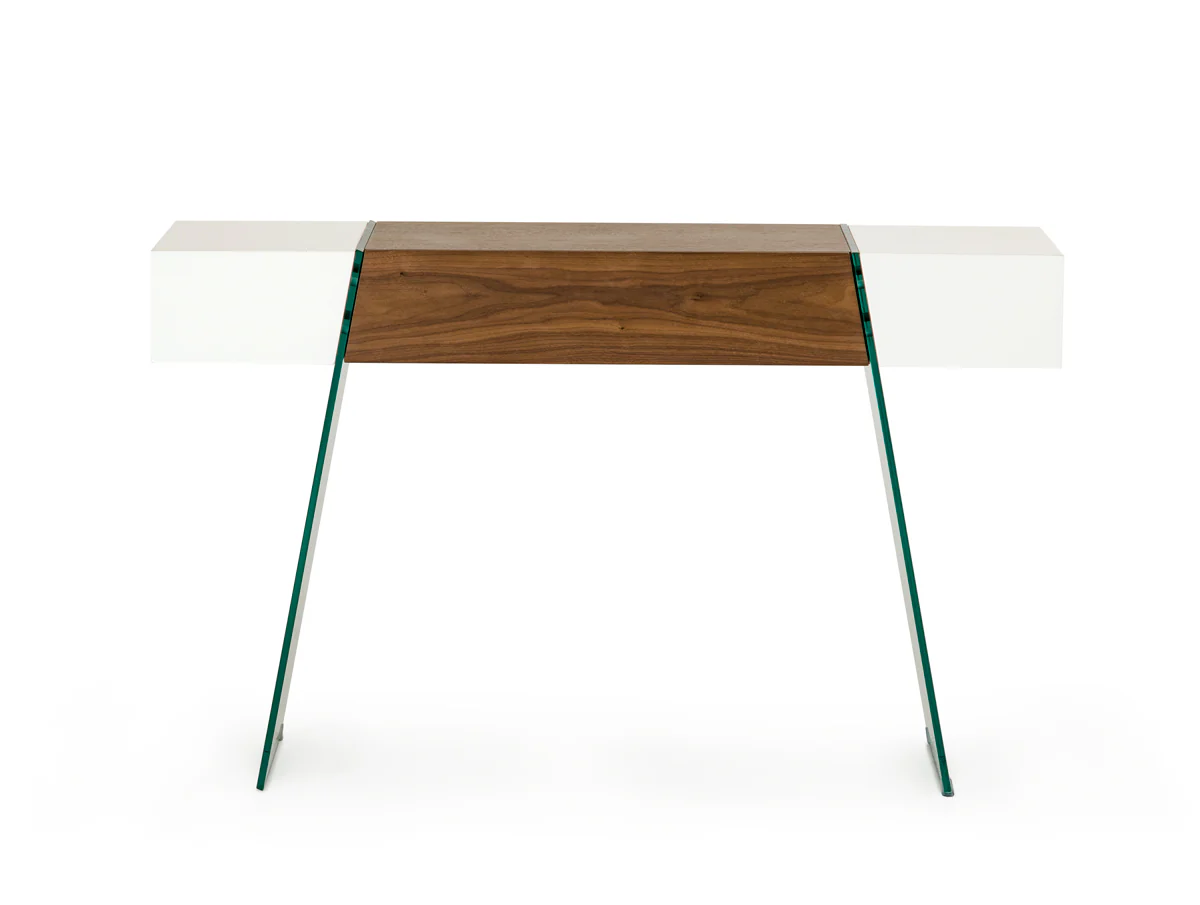 29' White and Walnut Veneer MDF and Glass Floating Console Table By Homeroots - Image 3