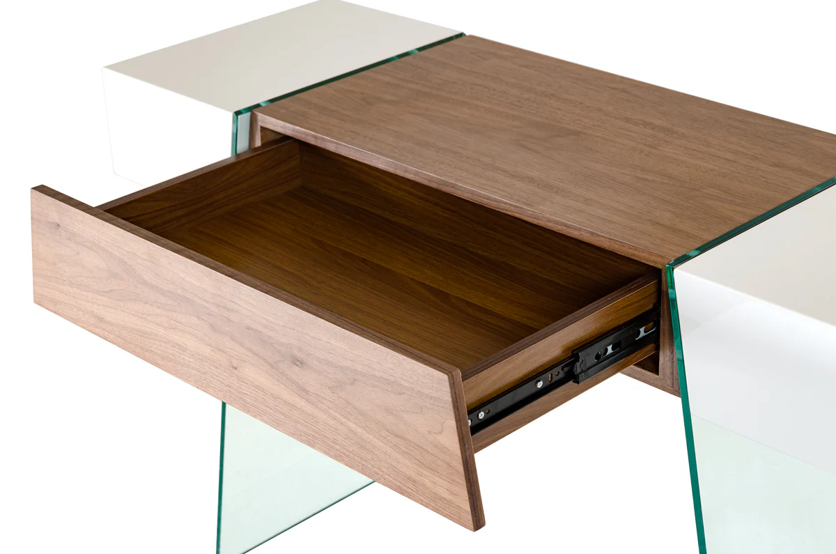 29' White and Walnut Veneer MDF and Glass Floating Console Table By Homeroots - Image 4
