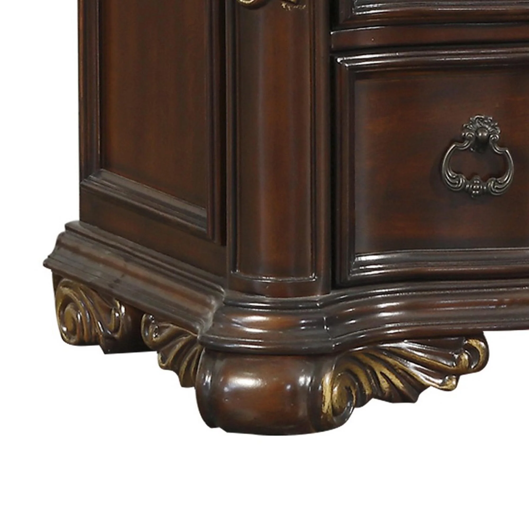 3 Drawer Nightstand With Carved Pilaster And Bracket Feet, Cherry Brown By Benzara - Image 2