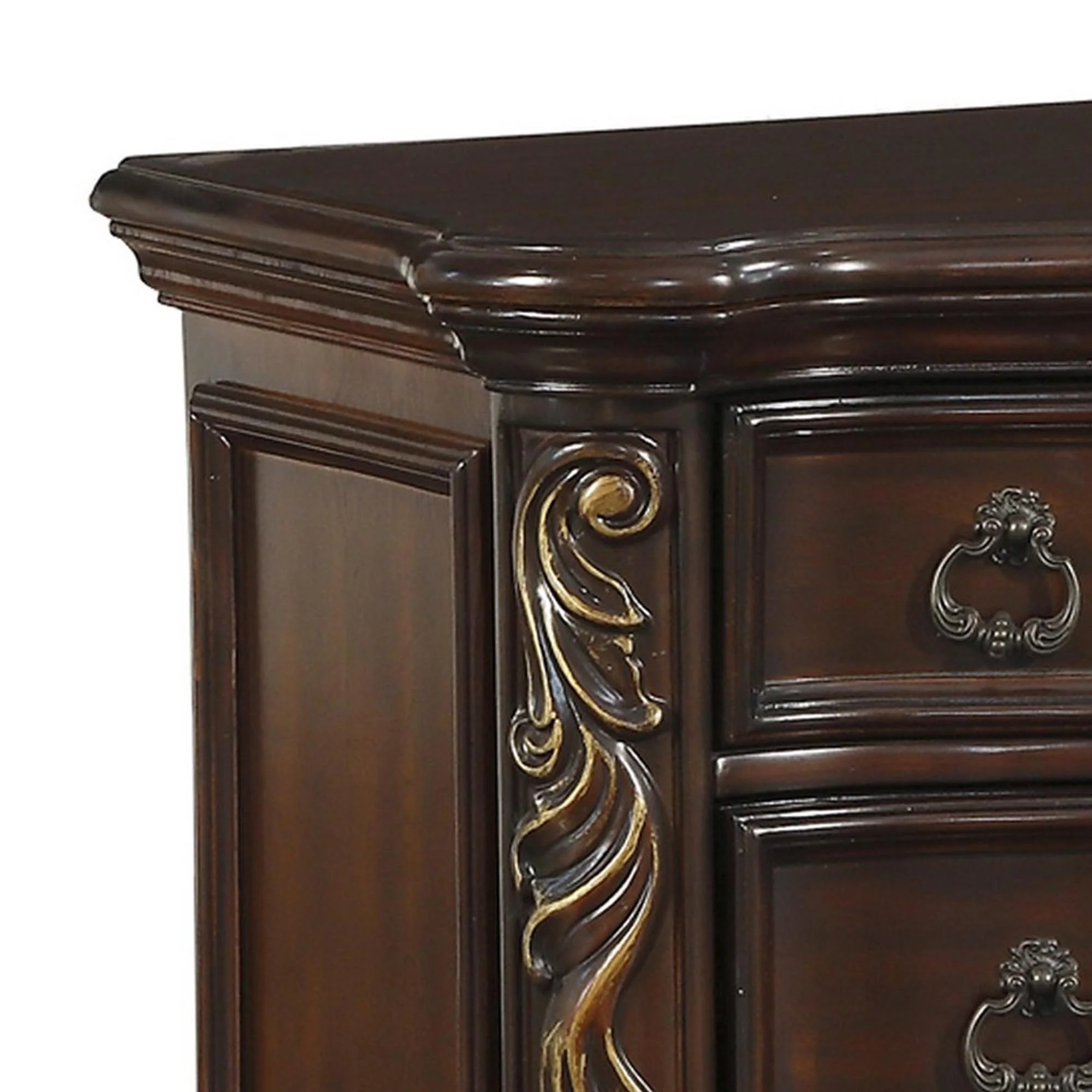 3 Drawer Nightstand With Carved Pilaster And Bracket Feet, Cherry Brown By Benzara - Image 3