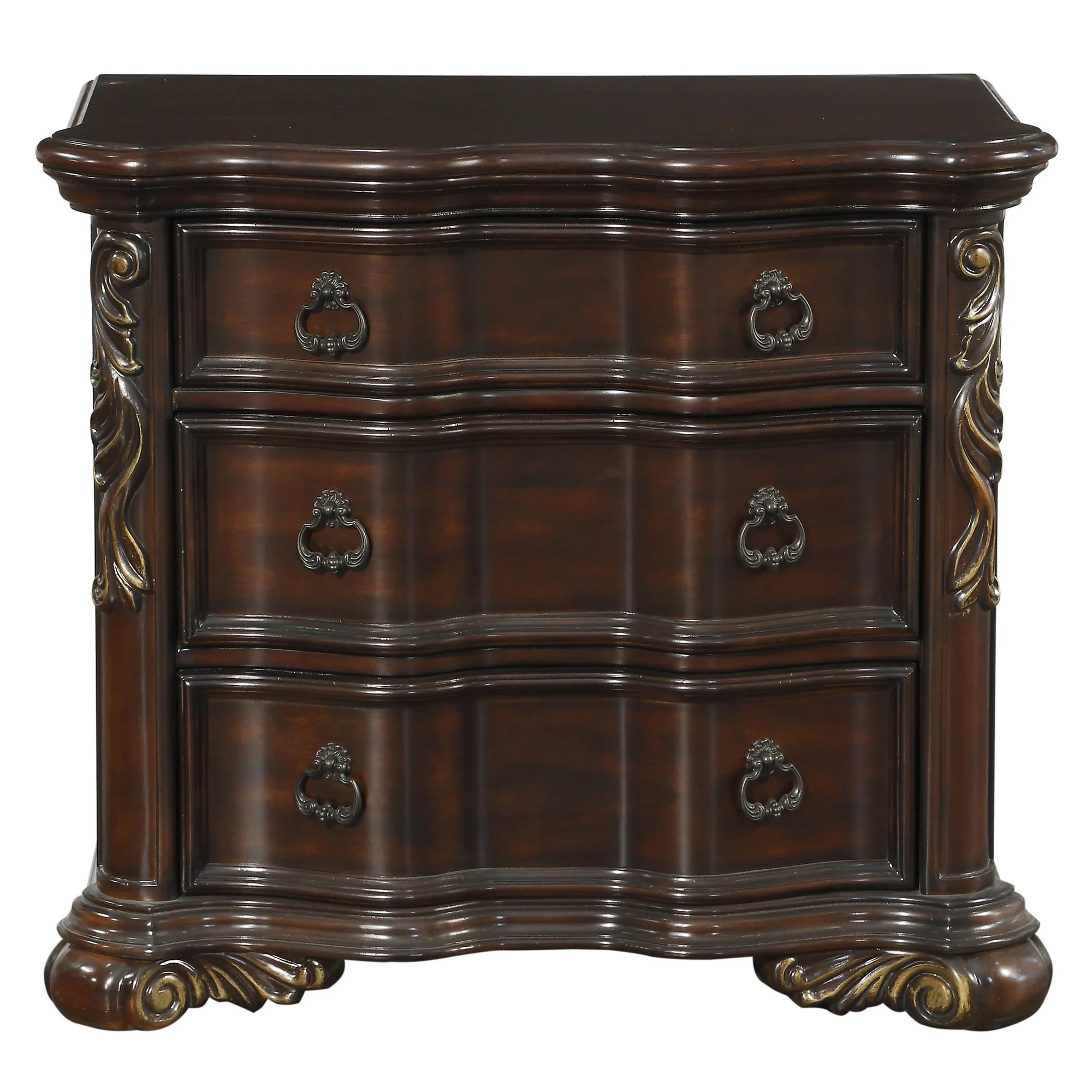 3 Drawer Nightstand With Carved Pilaster And Bracket Feet, Cherry Brown By Benzara - Image 4