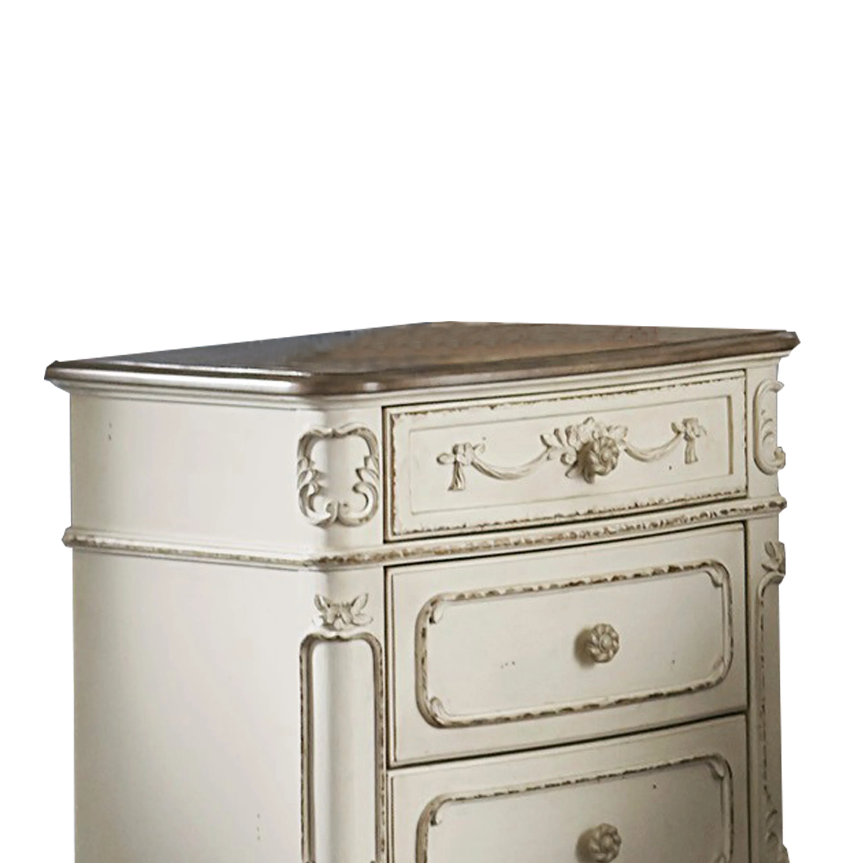 3 Drawer Nightstand With Floral Motif Carving Details, Antique White And Brown By Benzara - Image 2