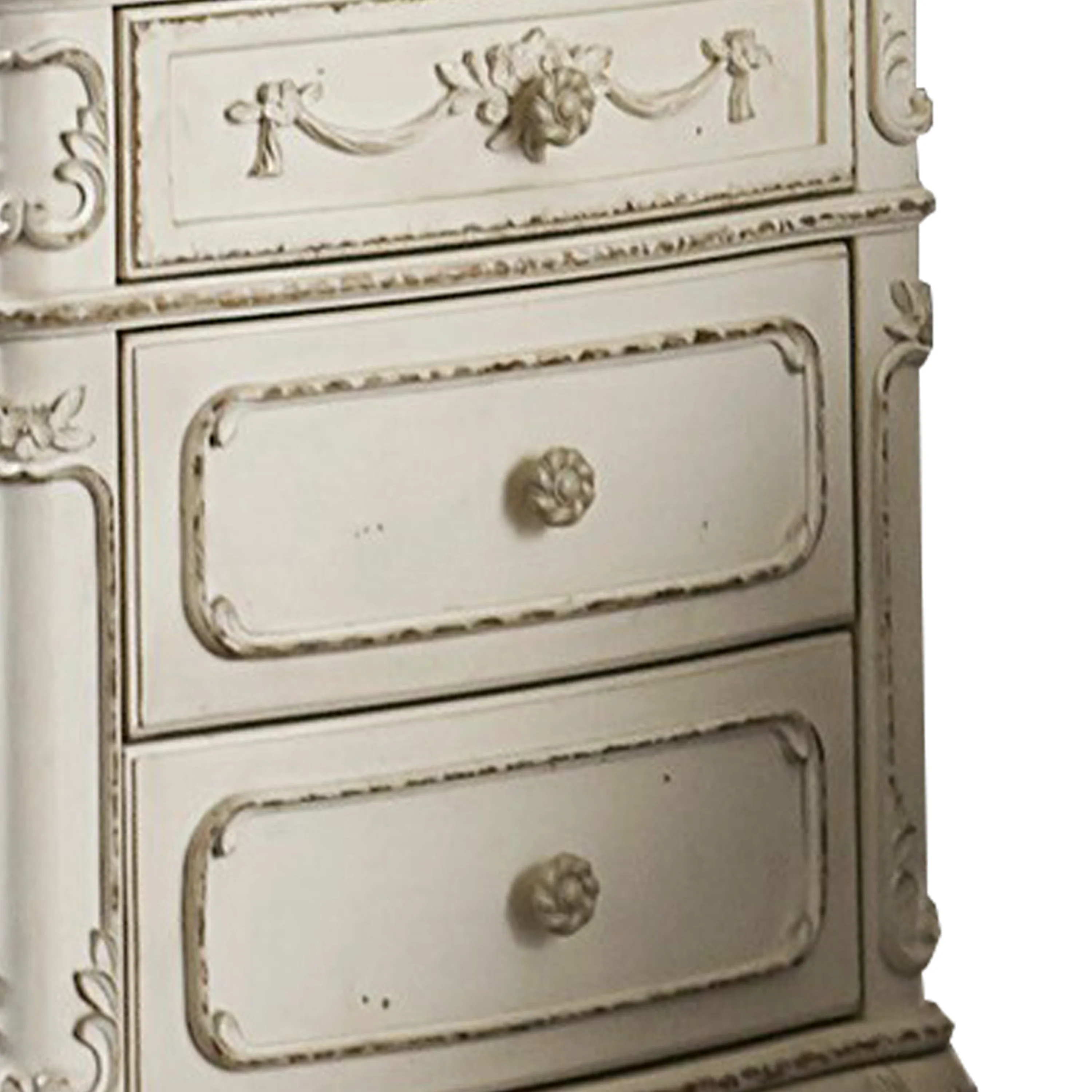3 Drawer Nightstand With Floral Motif Carving Details, Antique White And Brown By Benzara - Image 3