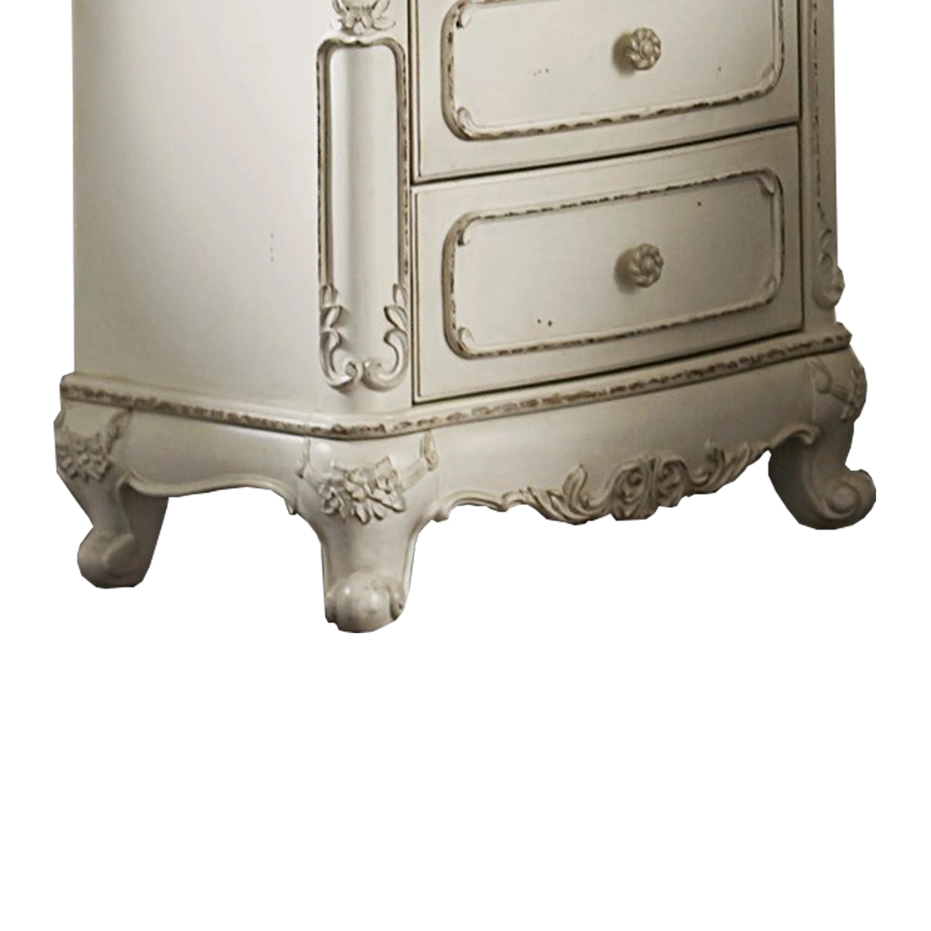 3 Drawer Nightstand With Floral Motif Carving Details, Antique White And Brown By Benzara - Image 4