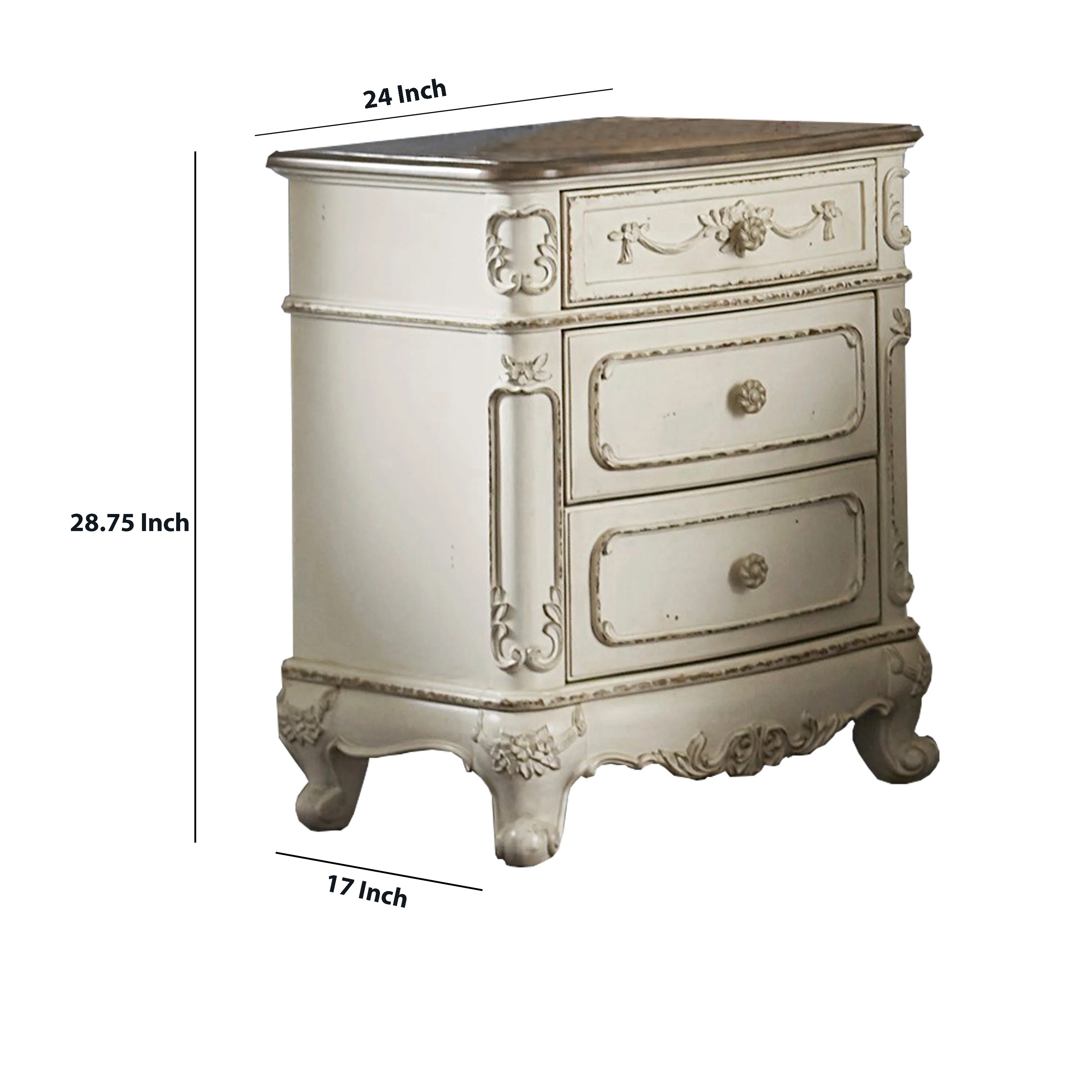 3 Drawer Nightstand With Floral Motif Carving Details, Antique White And Brown By Benzara - Image 5