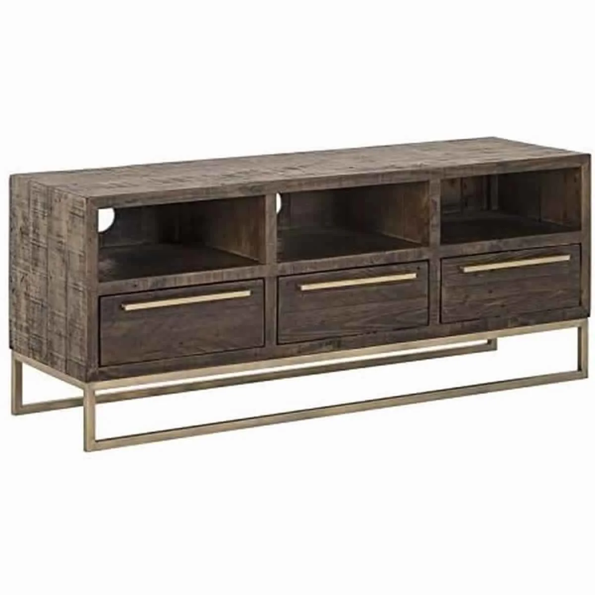 3 Drawer Tv Console With Sled Base And 3 Open Compartments, Brown And Gold By Benzara - Image 2