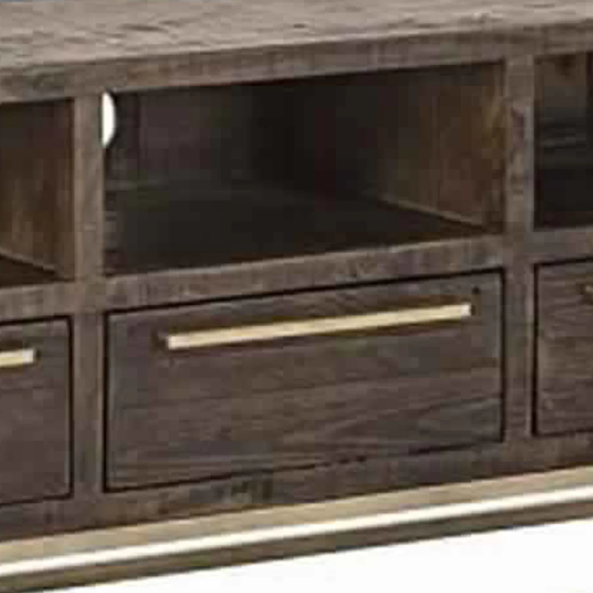 3 Drawer Tv Console With Sled Base And 3 Open Compartments, Brown And Gold By Benzara - Image 3