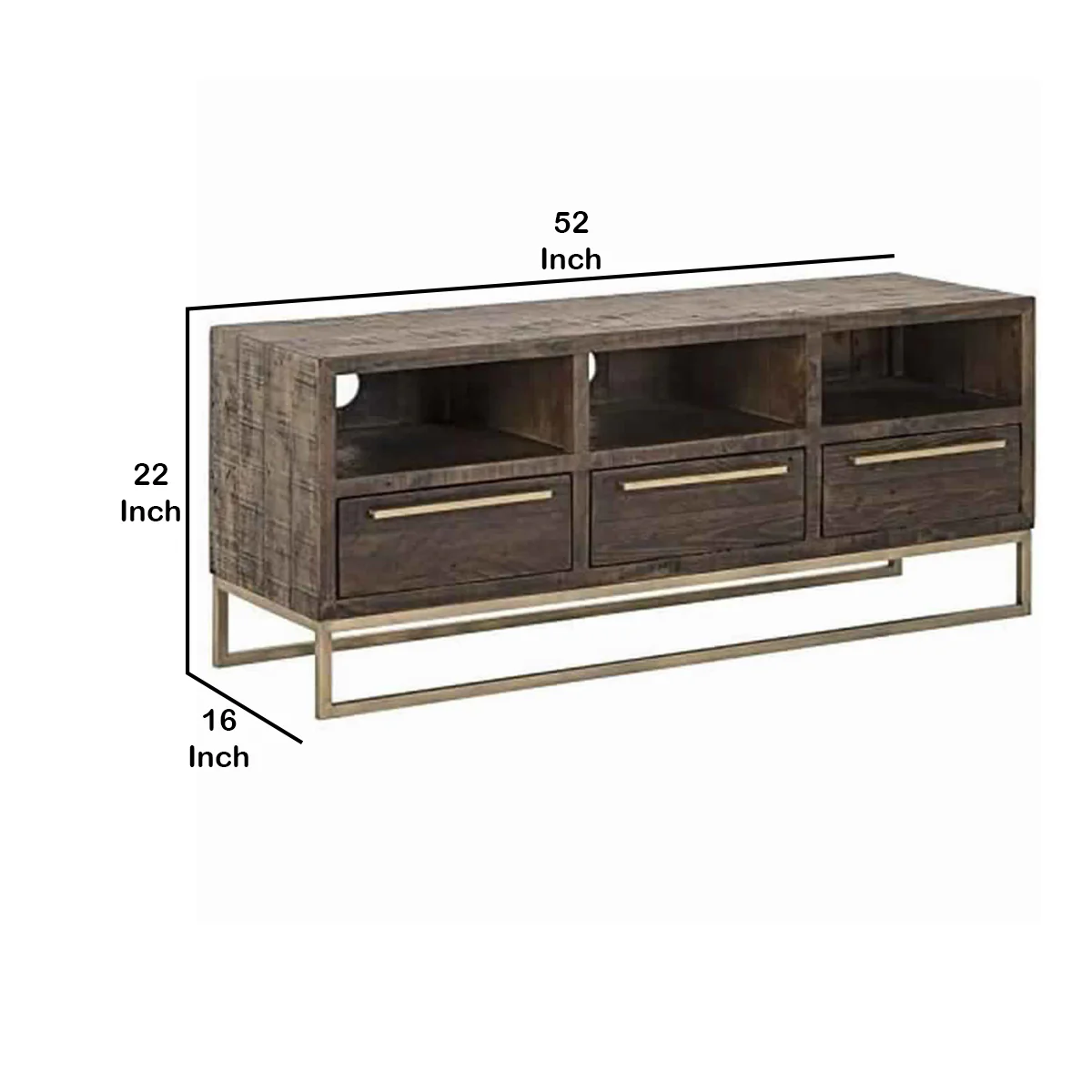 3 Drawer Tv Console With Sled Base And 3 Open Compartments, Brown And Gold By Benzara - Image 6