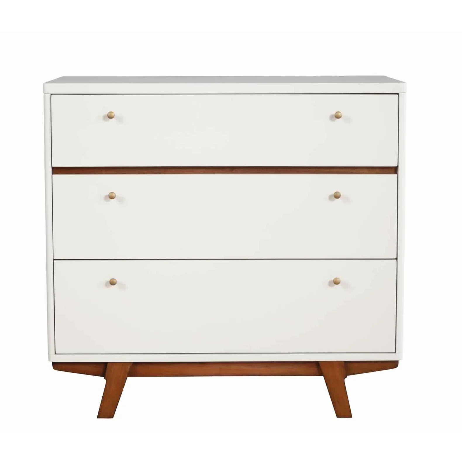 3 Drawer Wood Chest With Round Pulls And Angled Legs, Small,White And Brown By Benzara - Image 2