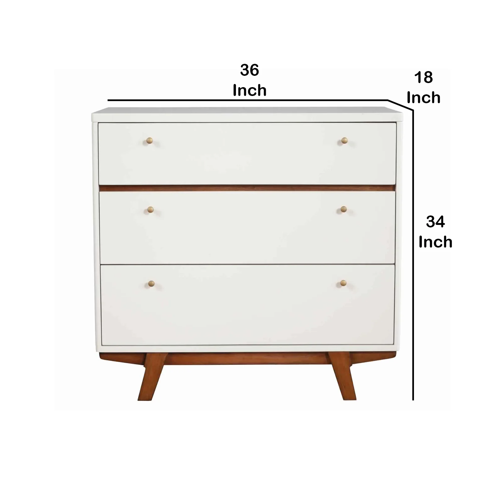 3 Drawer Wood Chest With Round Pulls And Angled Legs, Small,White And Brown By Benzara - Image 6