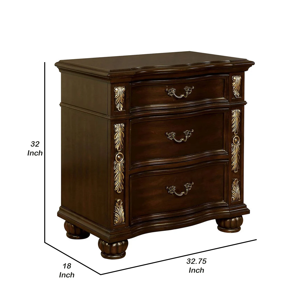3 Drawer Wooden Nightstand With Decorative Accent And Usb Plugin Brown By Benzara - Image 2