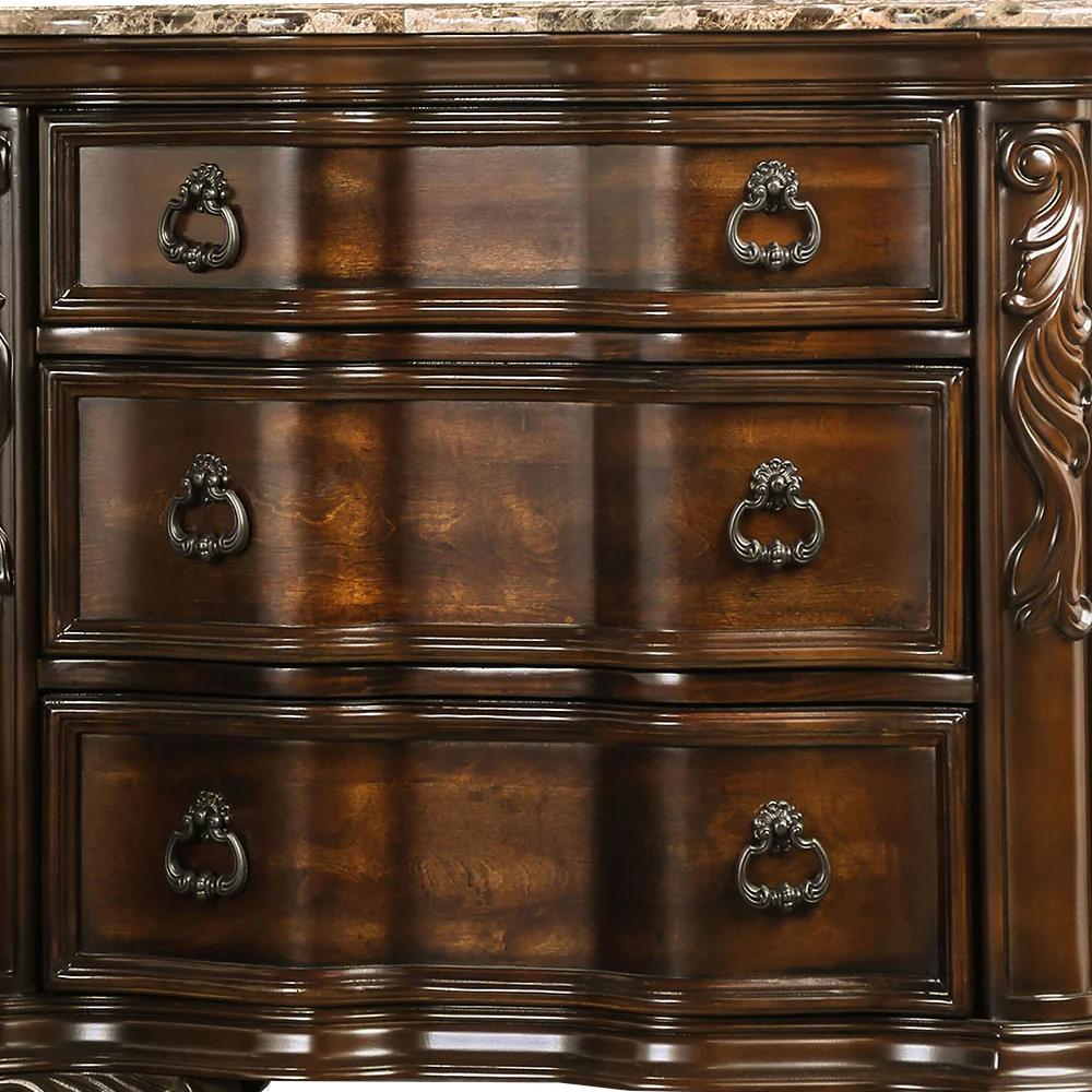 3 Drawer Wooden Nightstand with Marble Top and Scrolled Legs, Brown By Benzara - Image 2