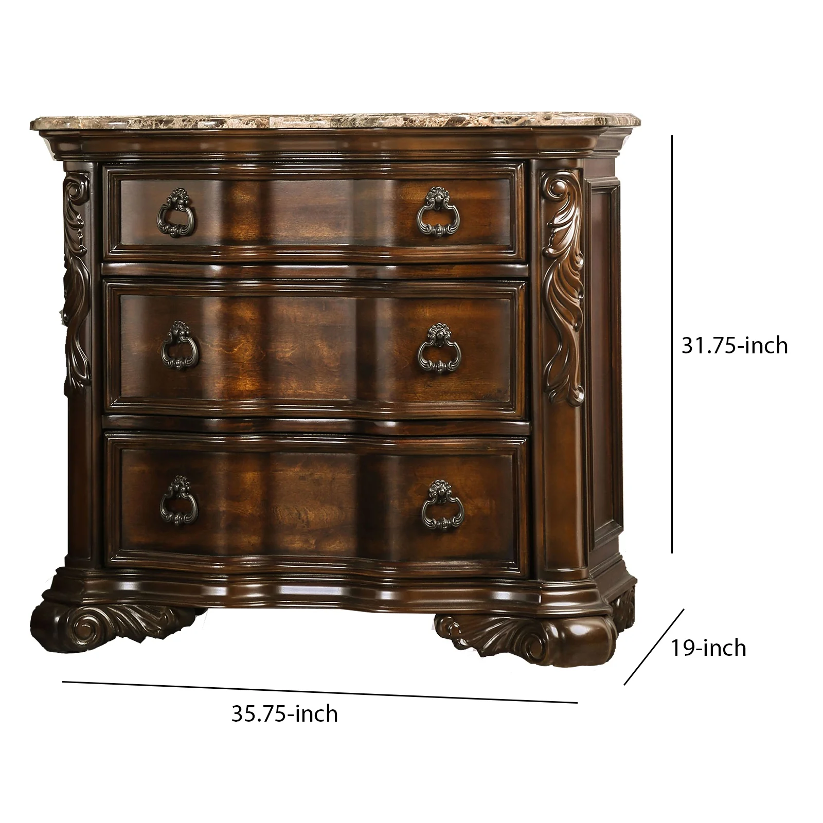3 Drawer Wooden Nightstand with Marble Top and Scrolled Legs, Brown By Benzara - Image 3