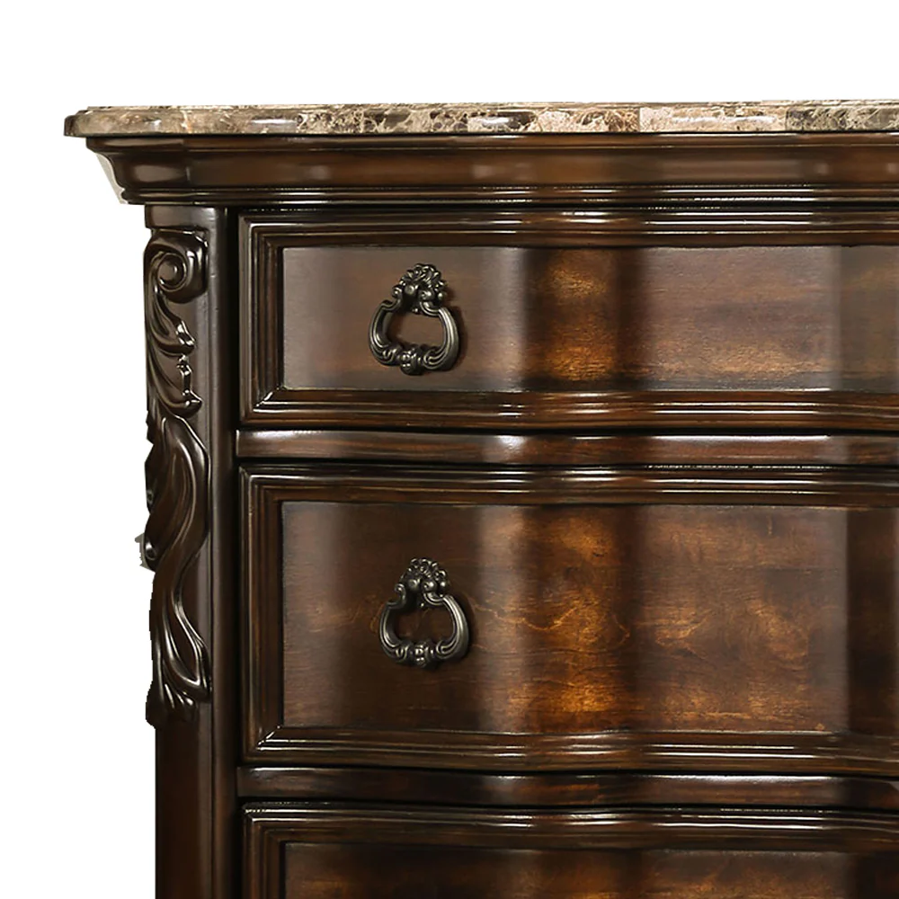 3 Drawer Wooden Nightstand with Marble Top and Scrolled Legs, Brown By Benzara - Image 5