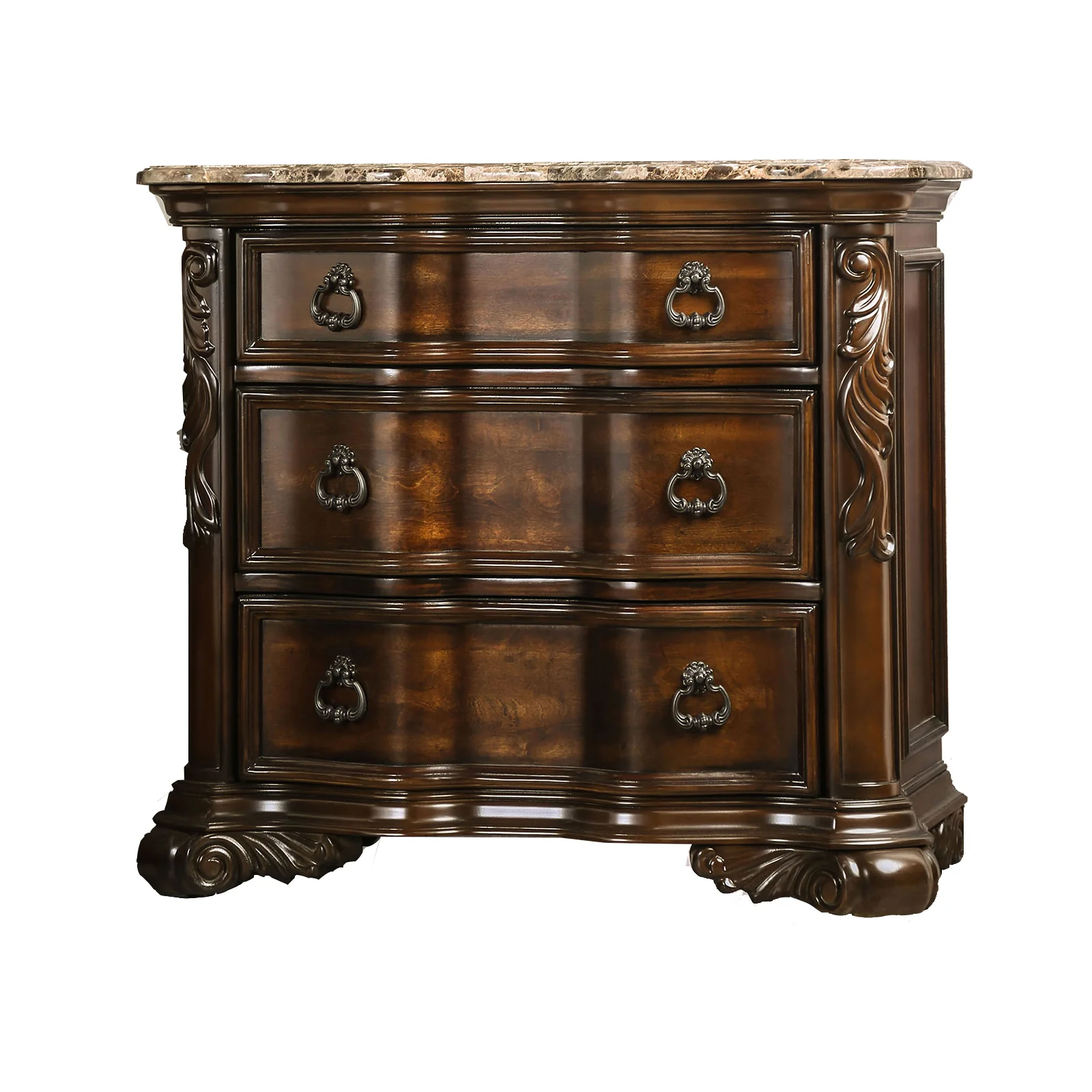 3 Drawer Wooden Nightstand with Marble Top and Scrolled Legs, Brown By Benzara - Image 6