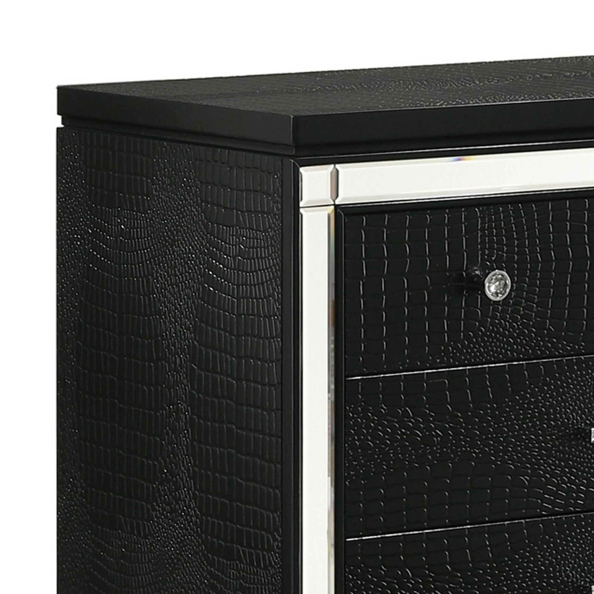 3 Drawer Wooden Nightstand With Mirror Accents And Faux Crystal Pulls,Black By Benzara - Image 2