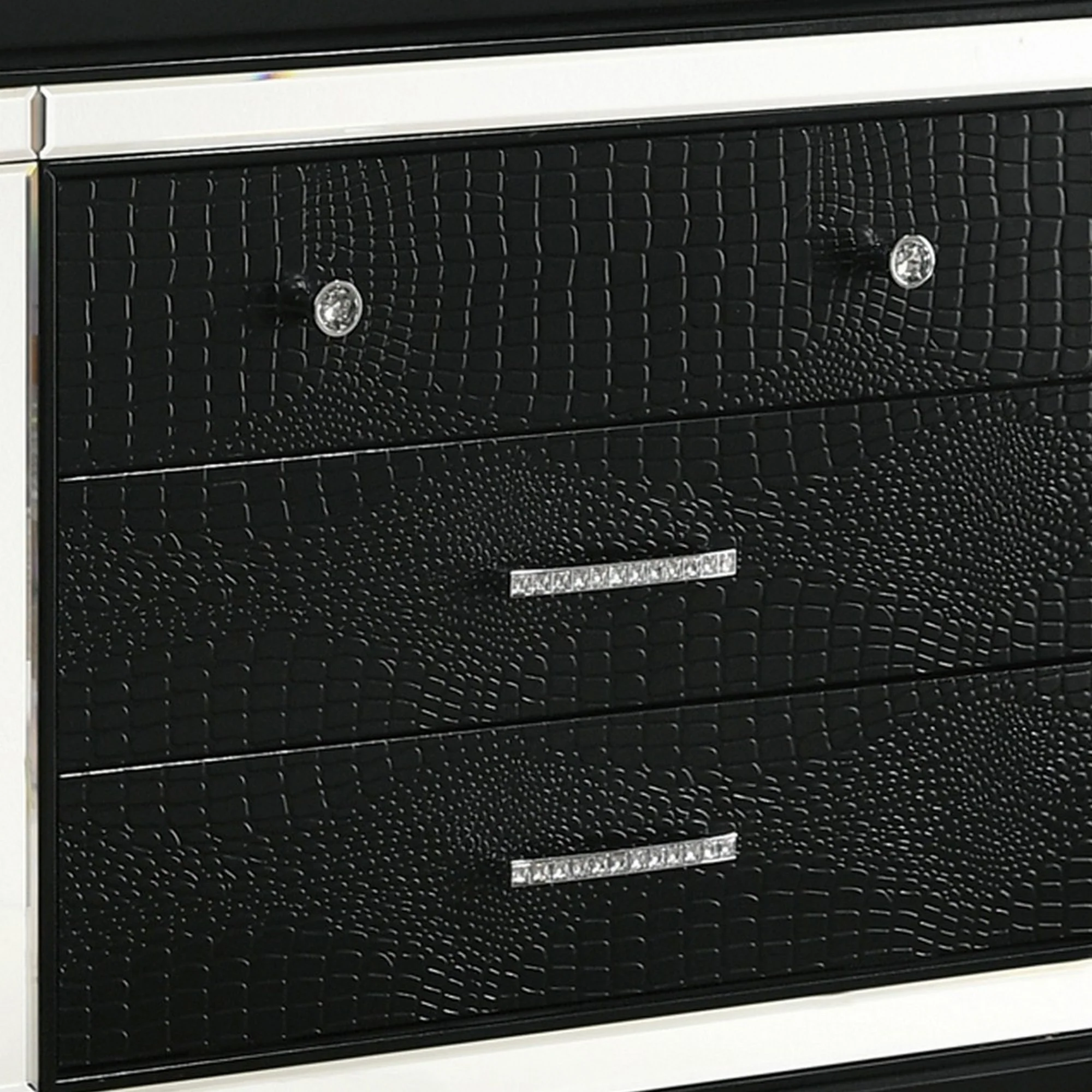 3 Drawer Wooden Nightstand With Mirror Accents And Faux Crystal Pulls,Black By Benzara - Image 3