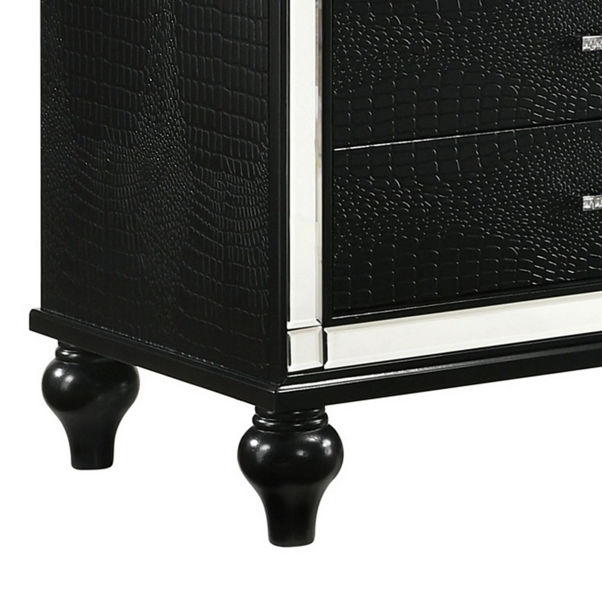 3 Drawer Wooden Nightstand With Mirror Accents And Faux Crystal Pulls,Black By Benzara - Image 4