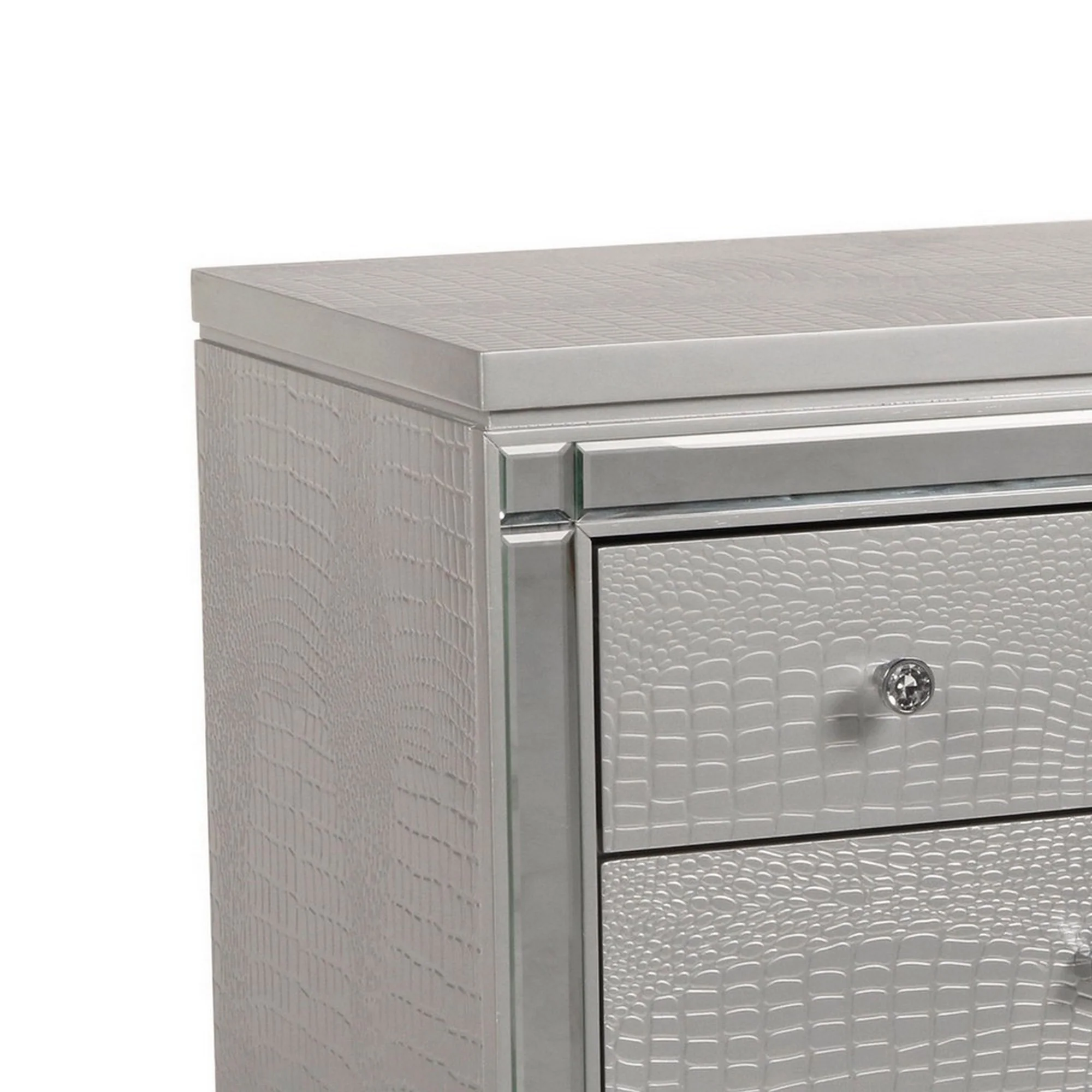 3 Drawer Wooden Nightstand With Mirror Accents And Faux Crystal Pulls, Gray By Benzara - Image 2