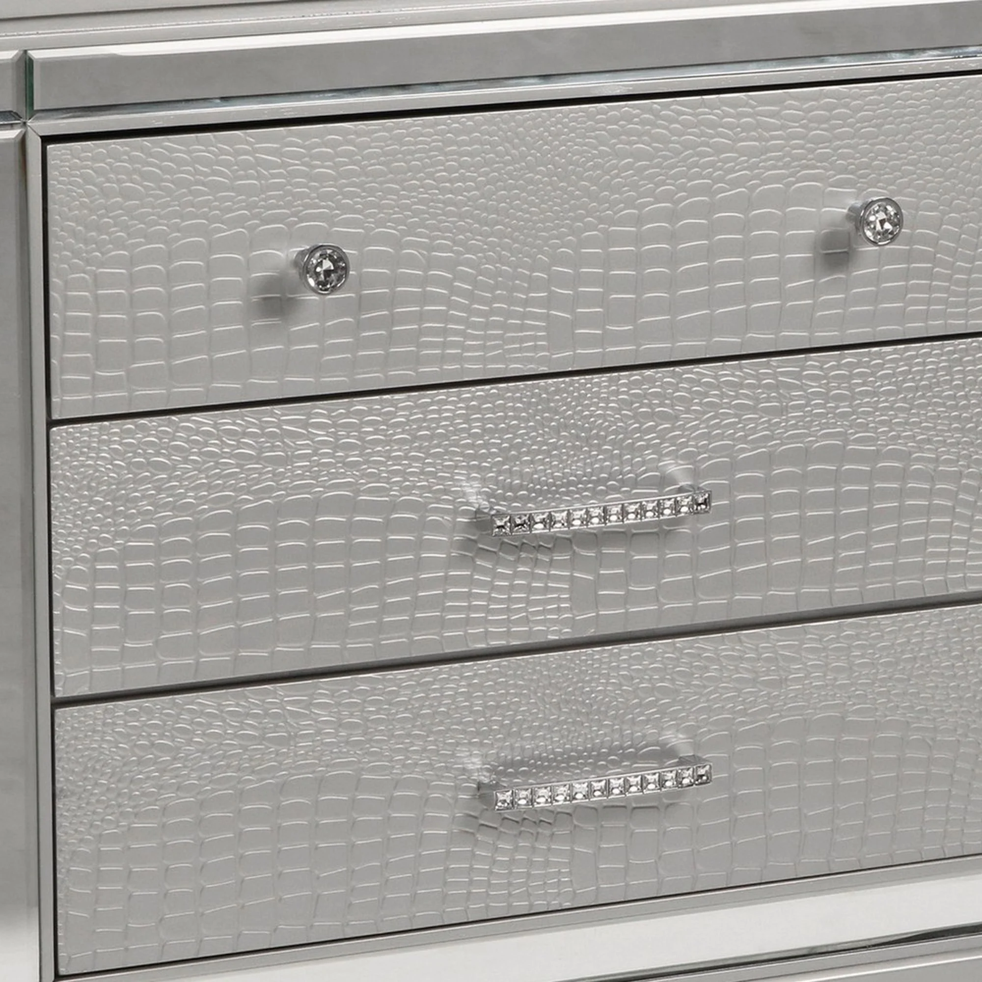 3 Drawer Wooden Nightstand With Mirror Accents And Faux Crystal Pulls, Gray By Benzara - Image 3