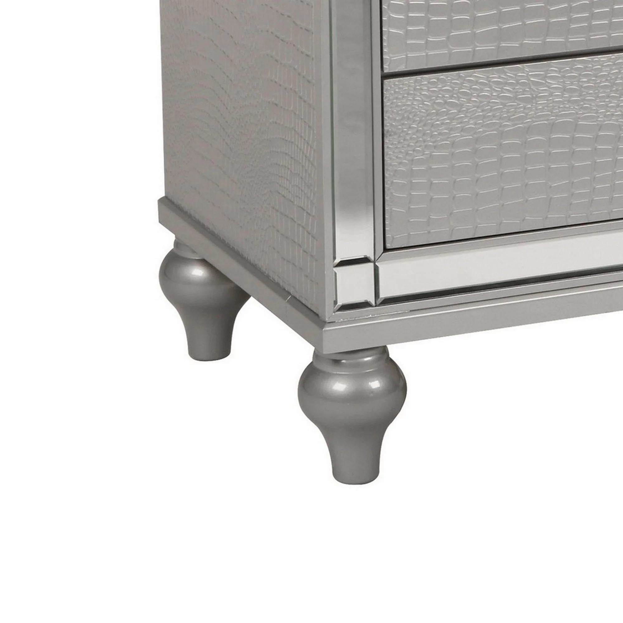 3 Drawer Wooden Nightstand With Mirror Accents And Faux Crystal Pulls, Gray By Benzara - Image 4