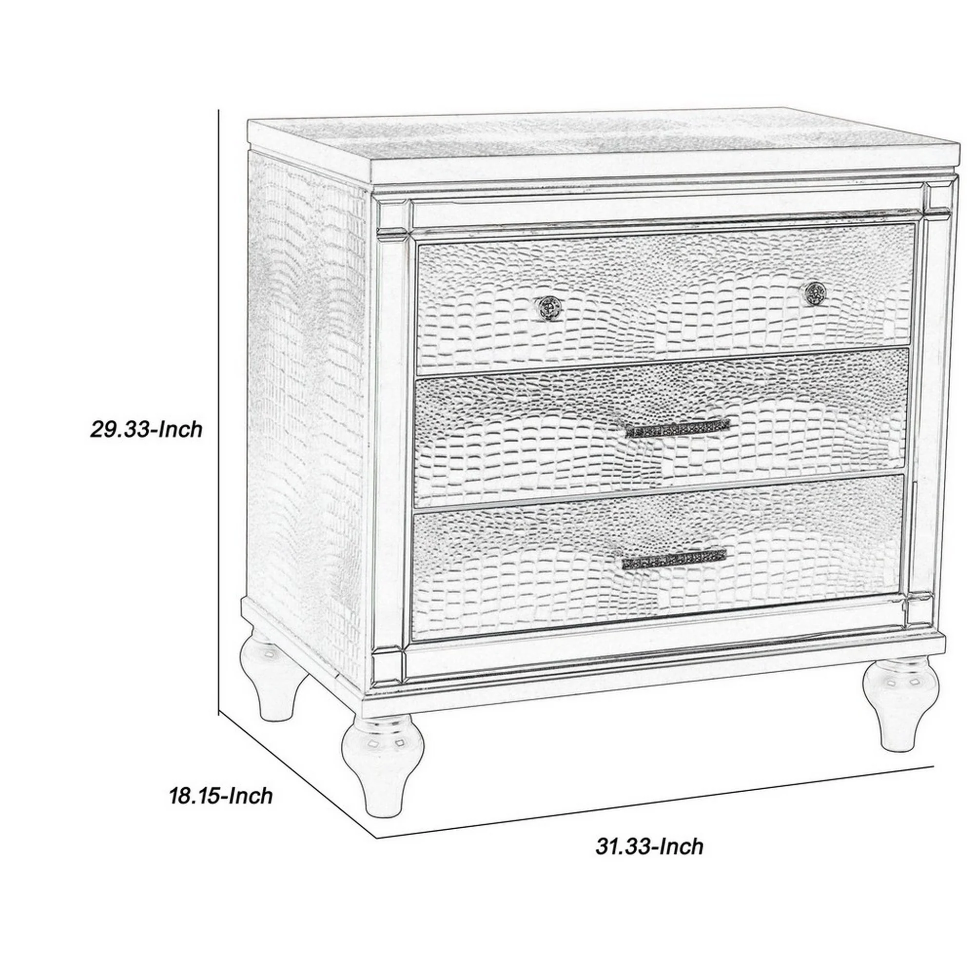 3 Drawer Wooden Nightstand With Mirror Accents And Faux Crystal Pulls, Gray By Benzara - Image 5