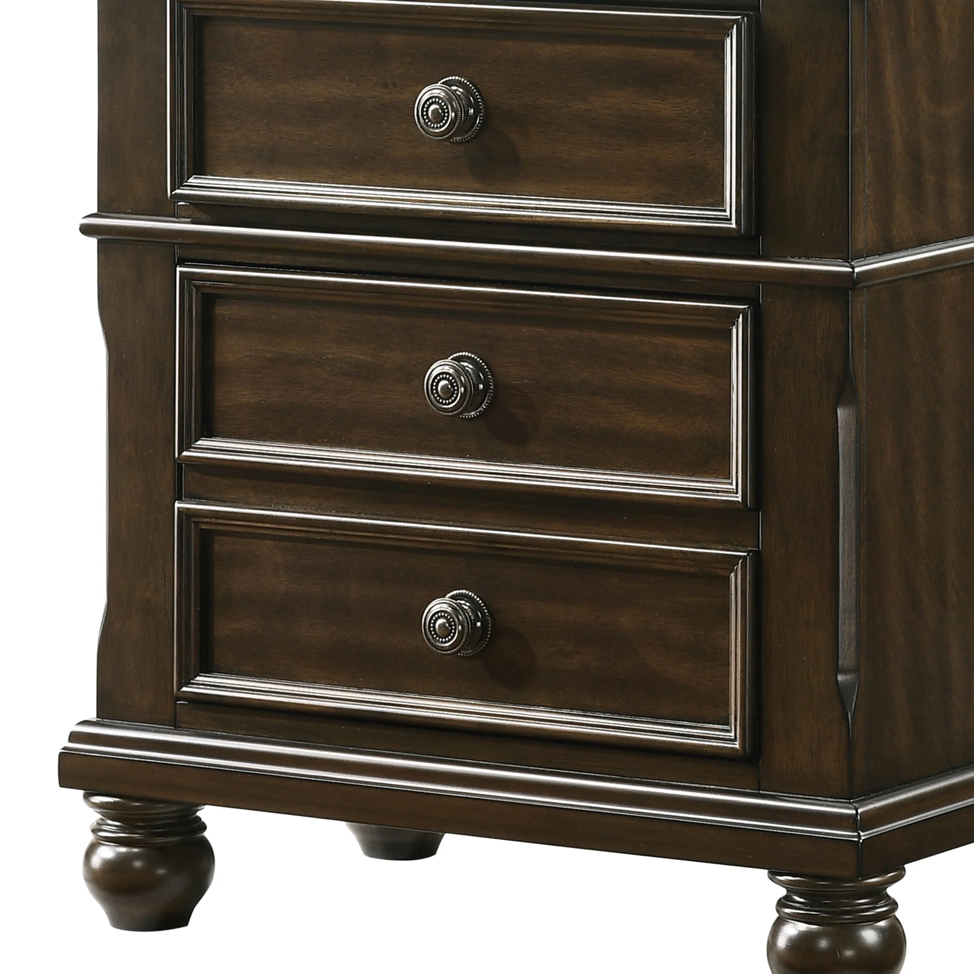 3 Drawer Wooden Nightstand With Molded Details And Metal Knobs, Brown - Bm215468 By Benzara - Image 3