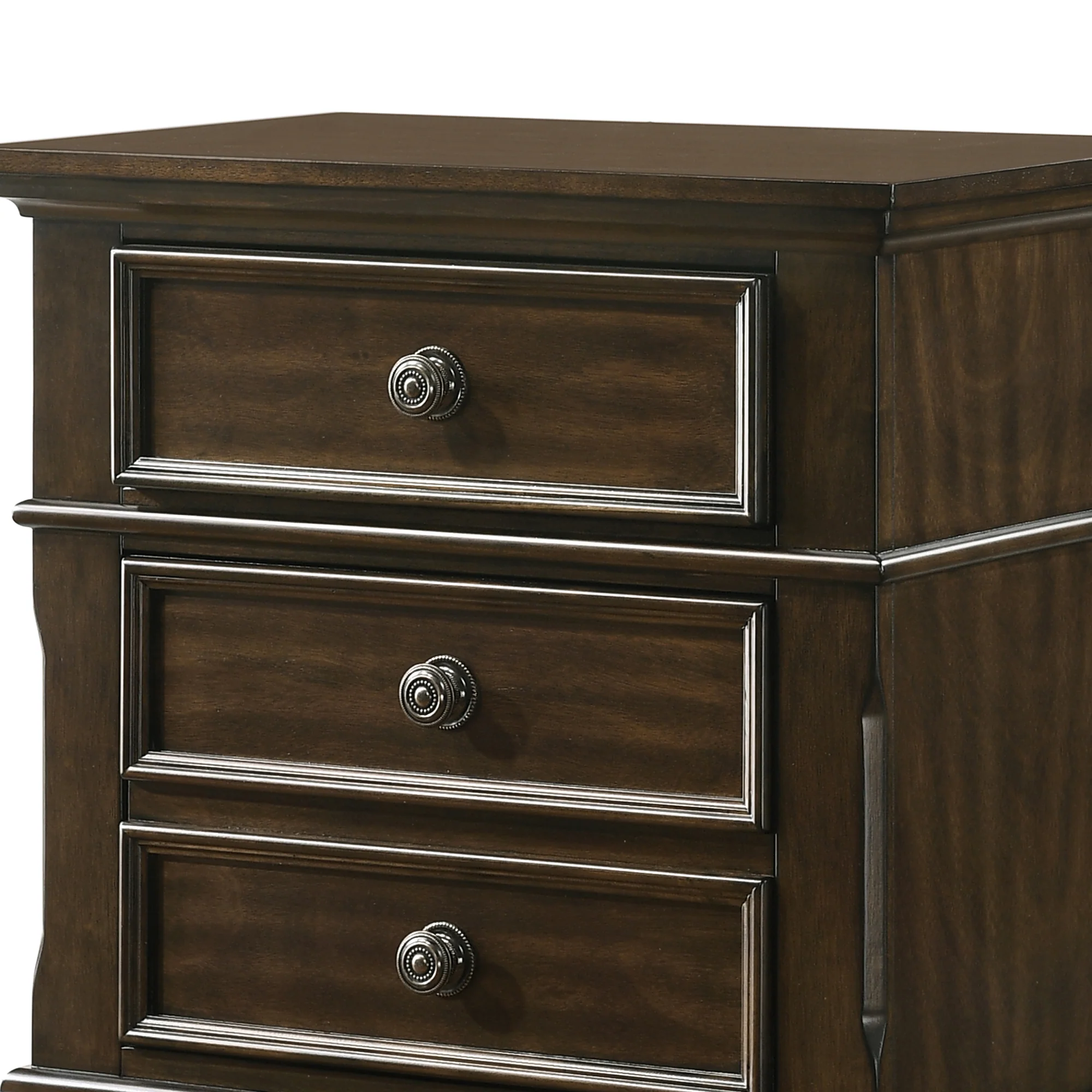 3 Drawer Wooden Nightstand With Molded Details And Metal Knobs, Brown - Bm215468 By Benzara - Image 4