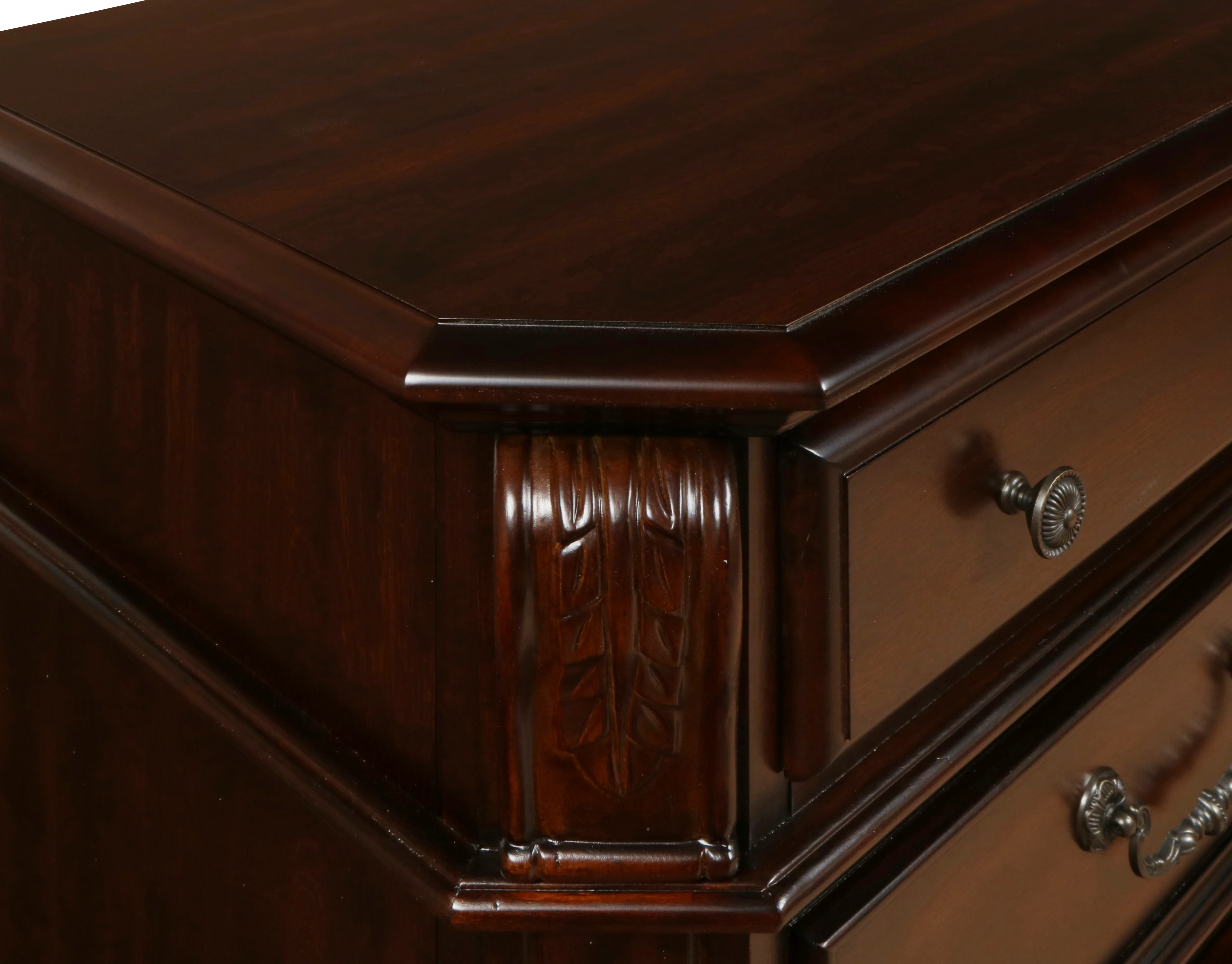 3 Drawer Wooden Nightstand with Molded Details and Metal Pulls, Brown By Benzara - Image 2