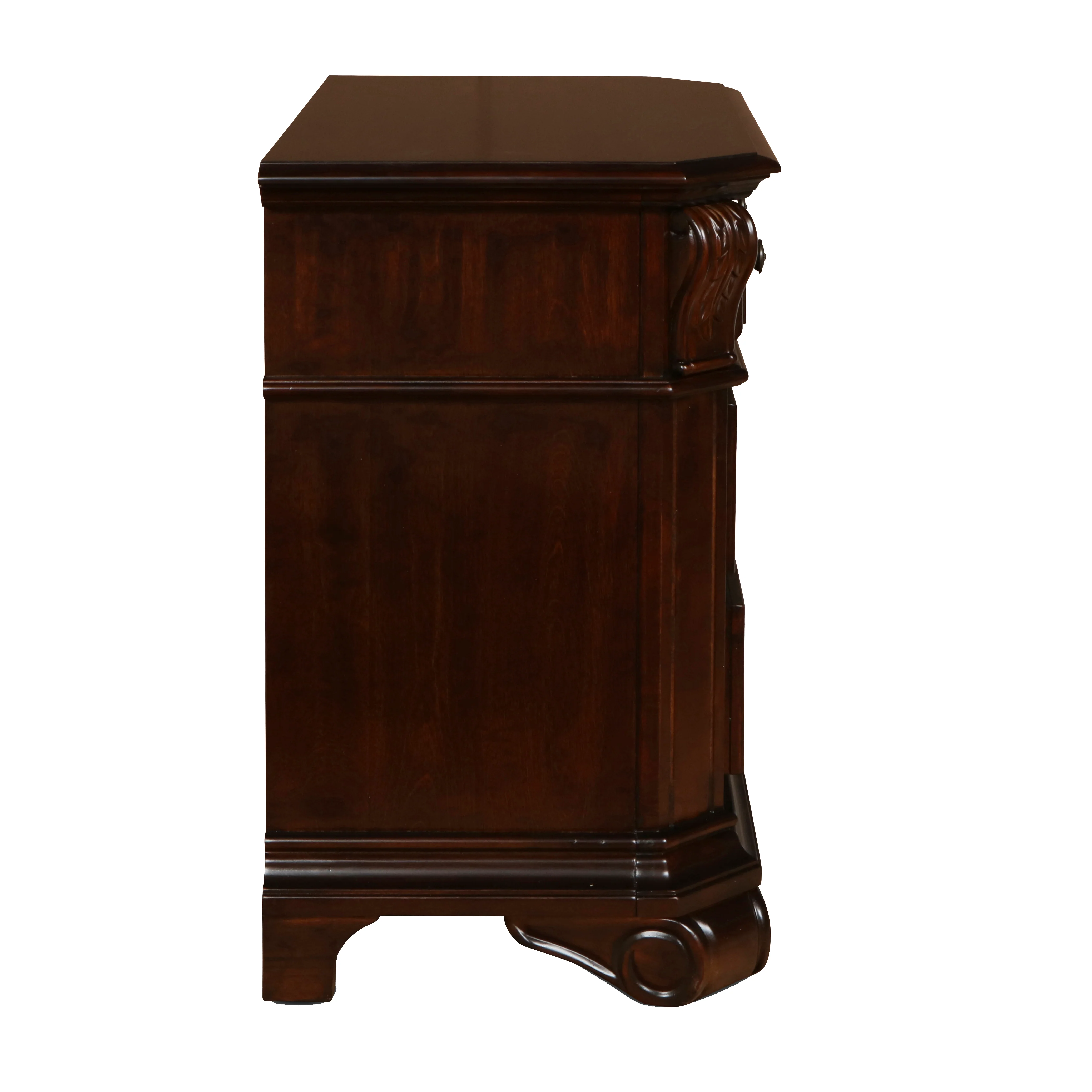 3 Drawer Wooden Nightstand with Molded Details and Metal Pulls, Brown By Benzara - Image 4