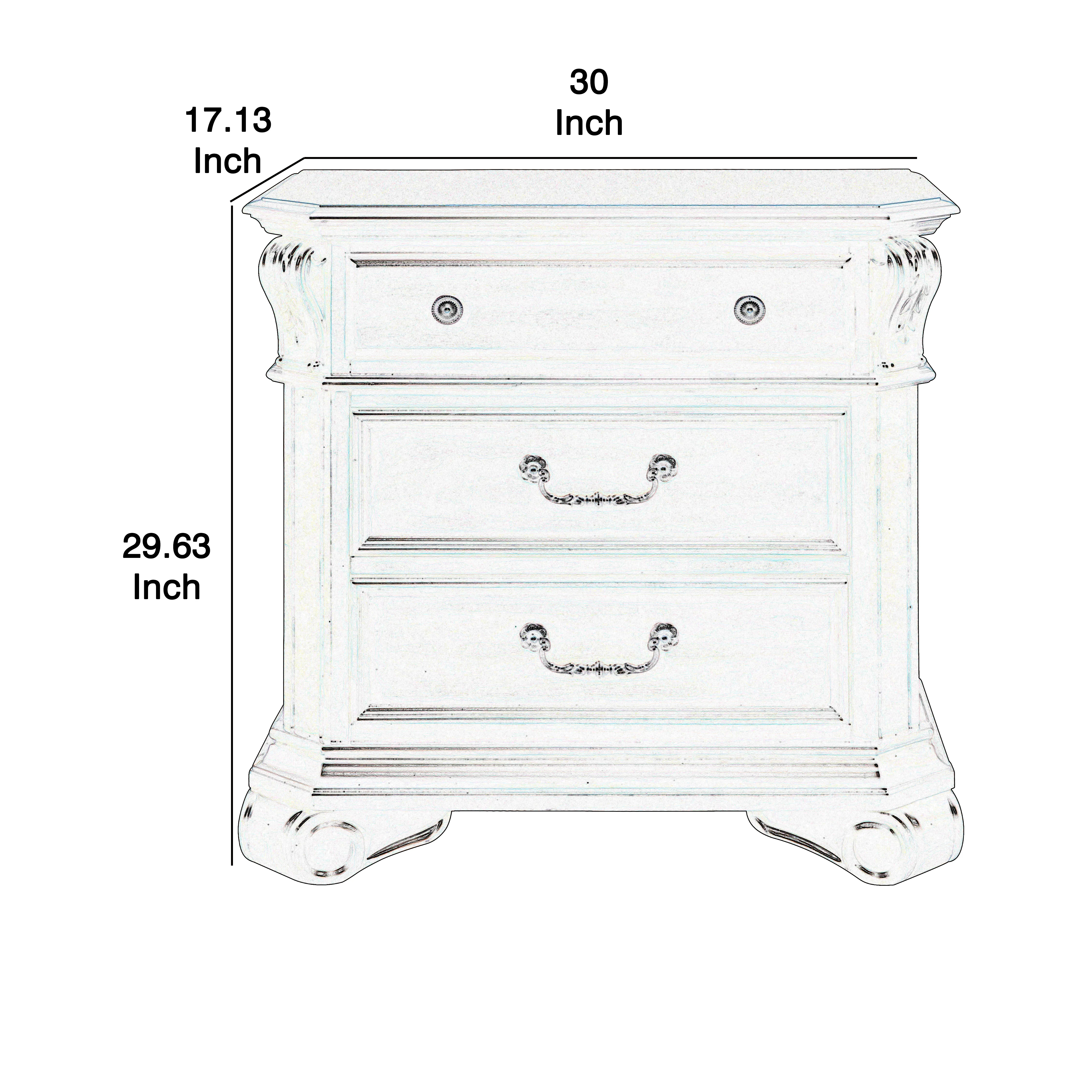 3 Drawer Wooden Nightstand with Molded Details and Metal Pulls, Brown By Benzara - Image 5