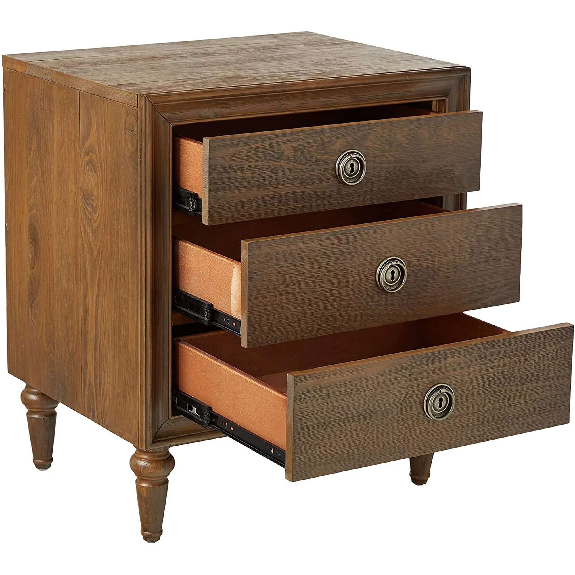 3 Drawer Wooden Nightstand With Turned Tapered Legs, Brown By Benzara - Image 2