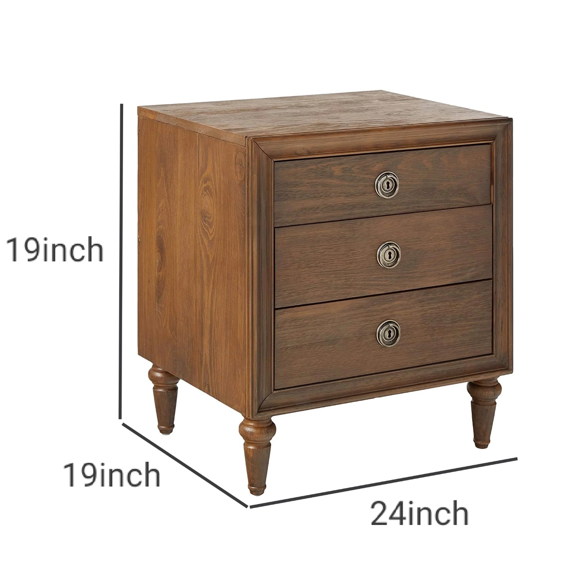 3 Drawer Wooden Nightstand With Turned Tapered Legs, Brown By Benzara - Image 4