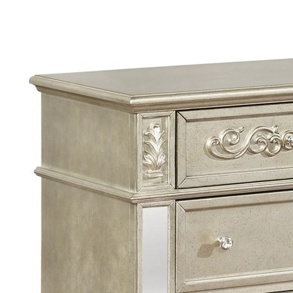 3 Drawers Nightstand With Ornate Carving And Usb Ports, Silver By Benzara - Image 2