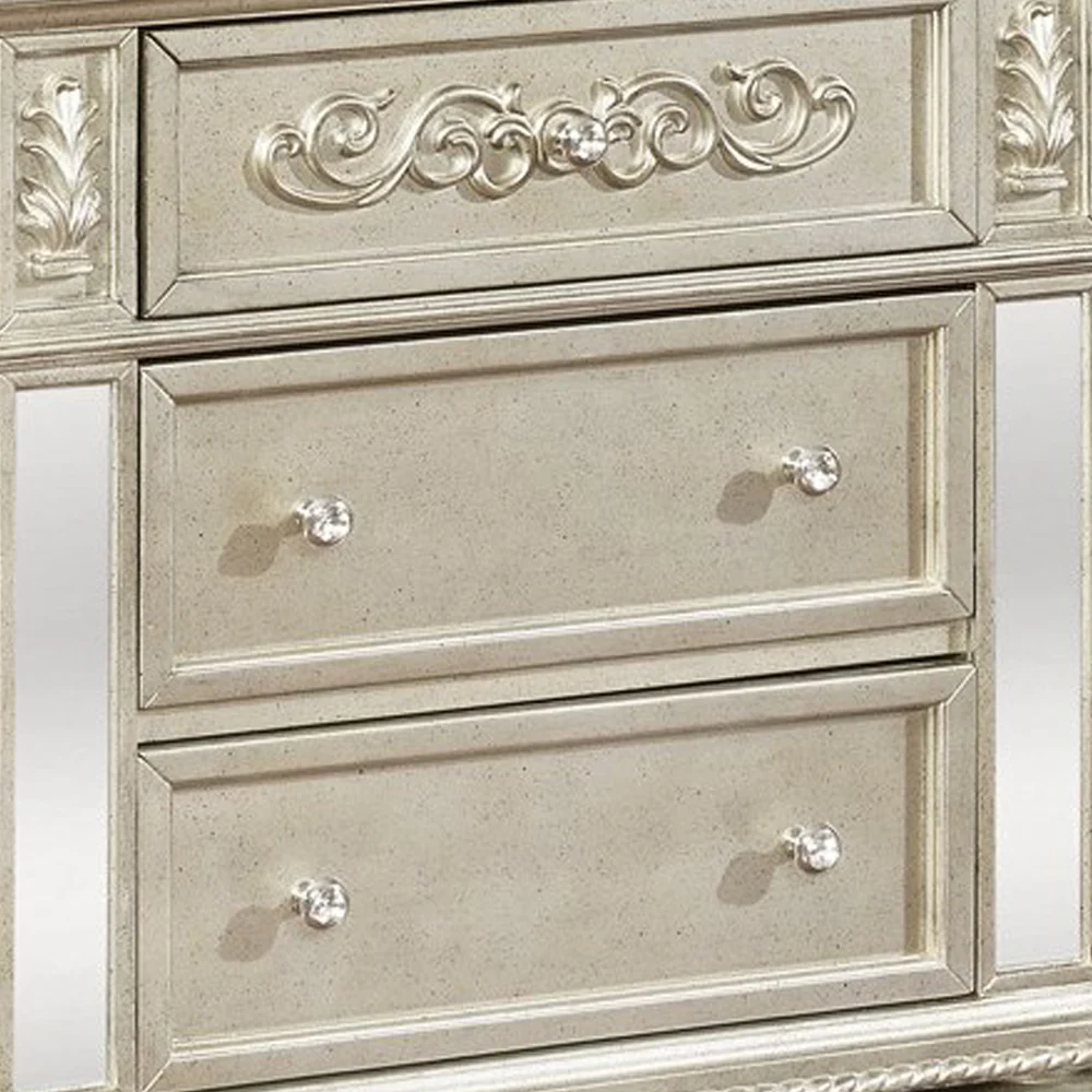 3 Drawers Nightstand With Ornate Carving And Usb Ports, Silver By Benzara - Image 3