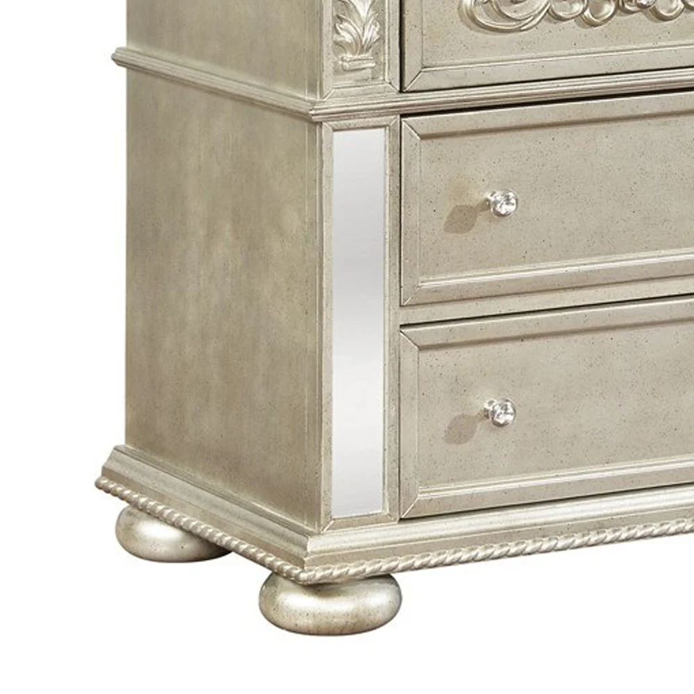 3 Drawers Nightstand With Ornate Carving And Usb Ports, Silver By Benzara - Image 4