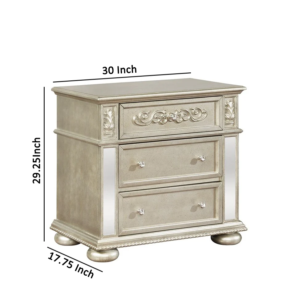 3 Drawers Nightstand With Ornate Carving And Usb Ports, Silver By Benzara - Image 5