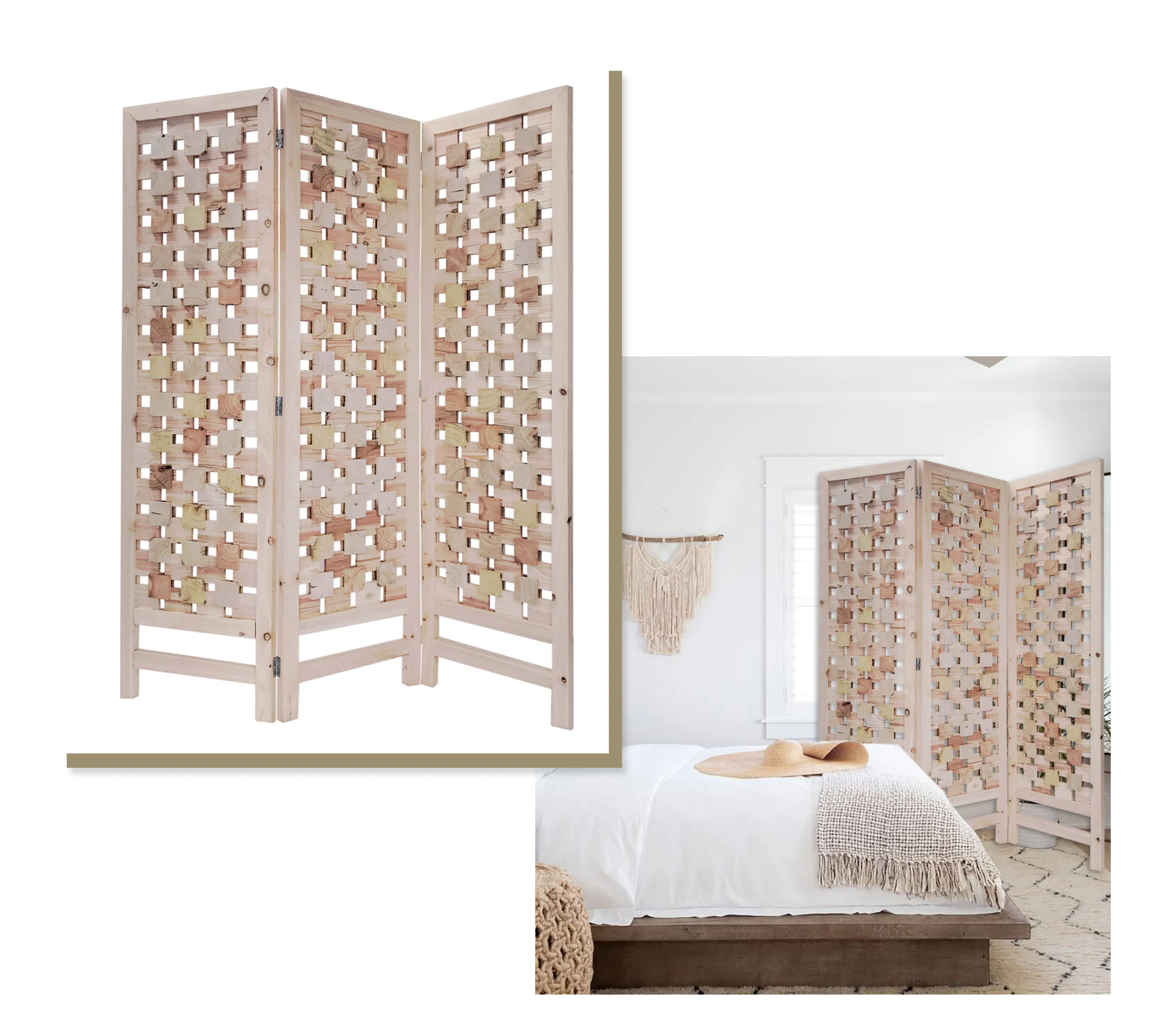 3 Panel Pink Room Divider with Cut Square Wood Design By Homeroots - Image 2