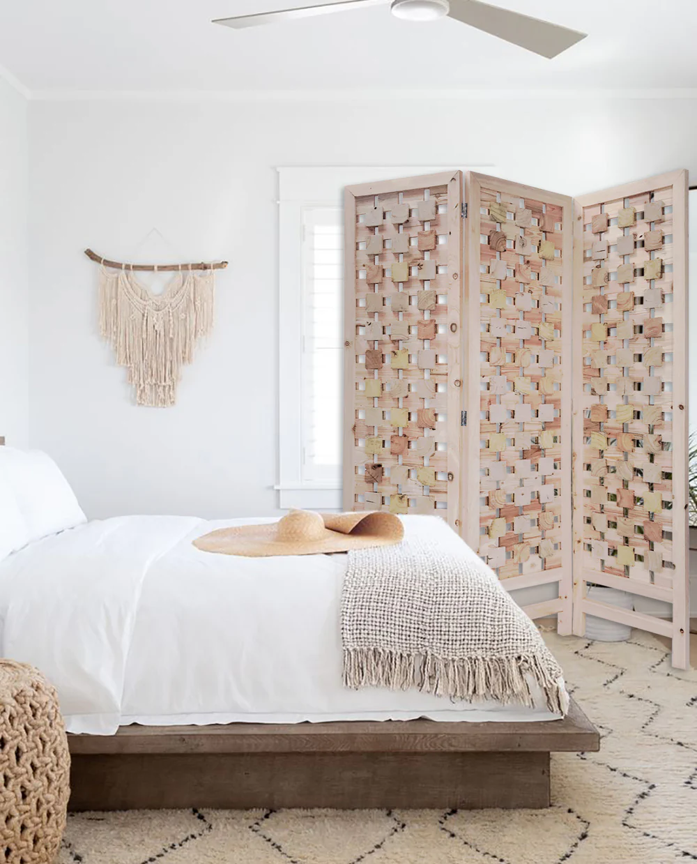 3 Panel Pink Room Divider with Cut Square Wood Design By Homeroots - Image 3