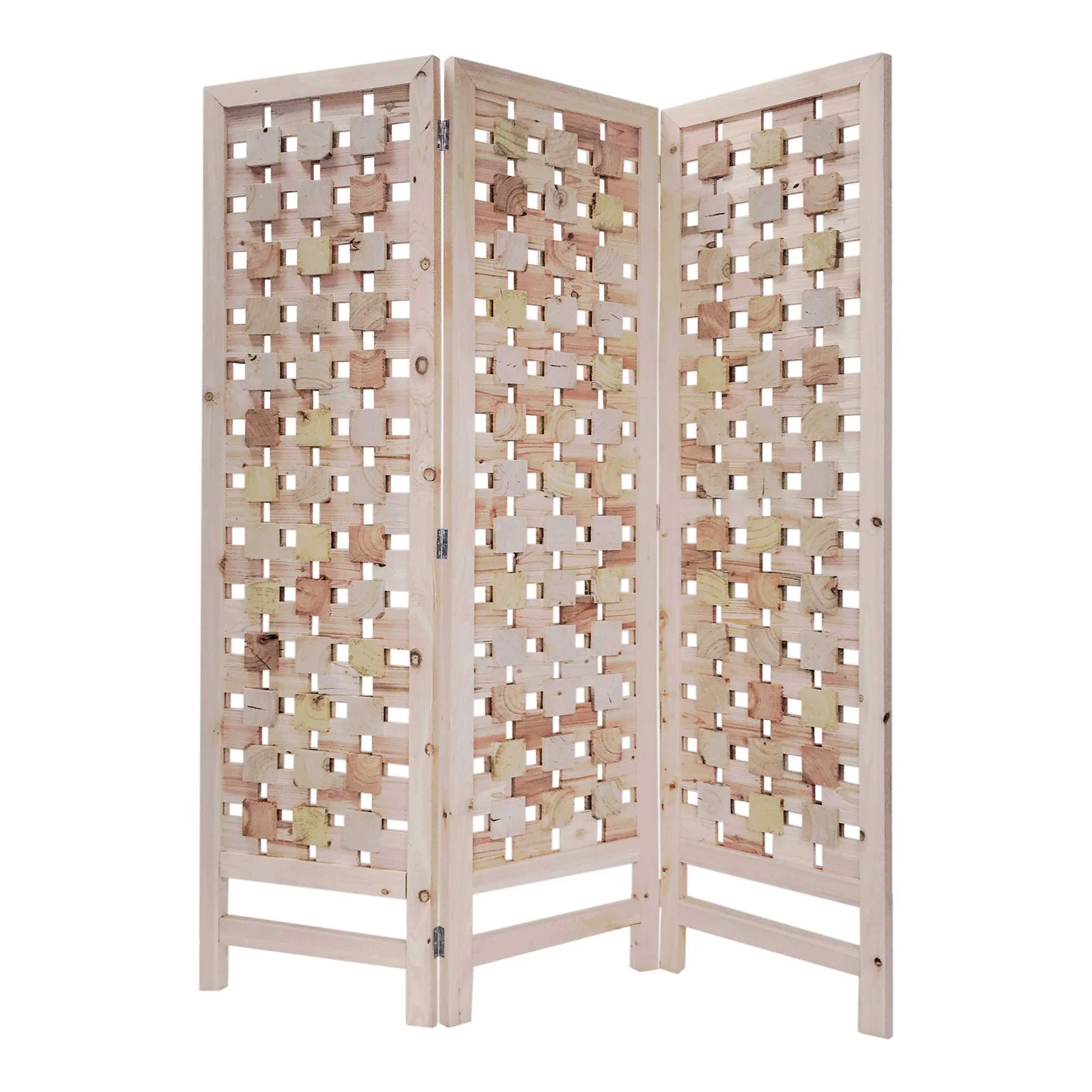 3 Panel Pink Room Divider with Cut Square Wood Design By Homeroots - Image 5