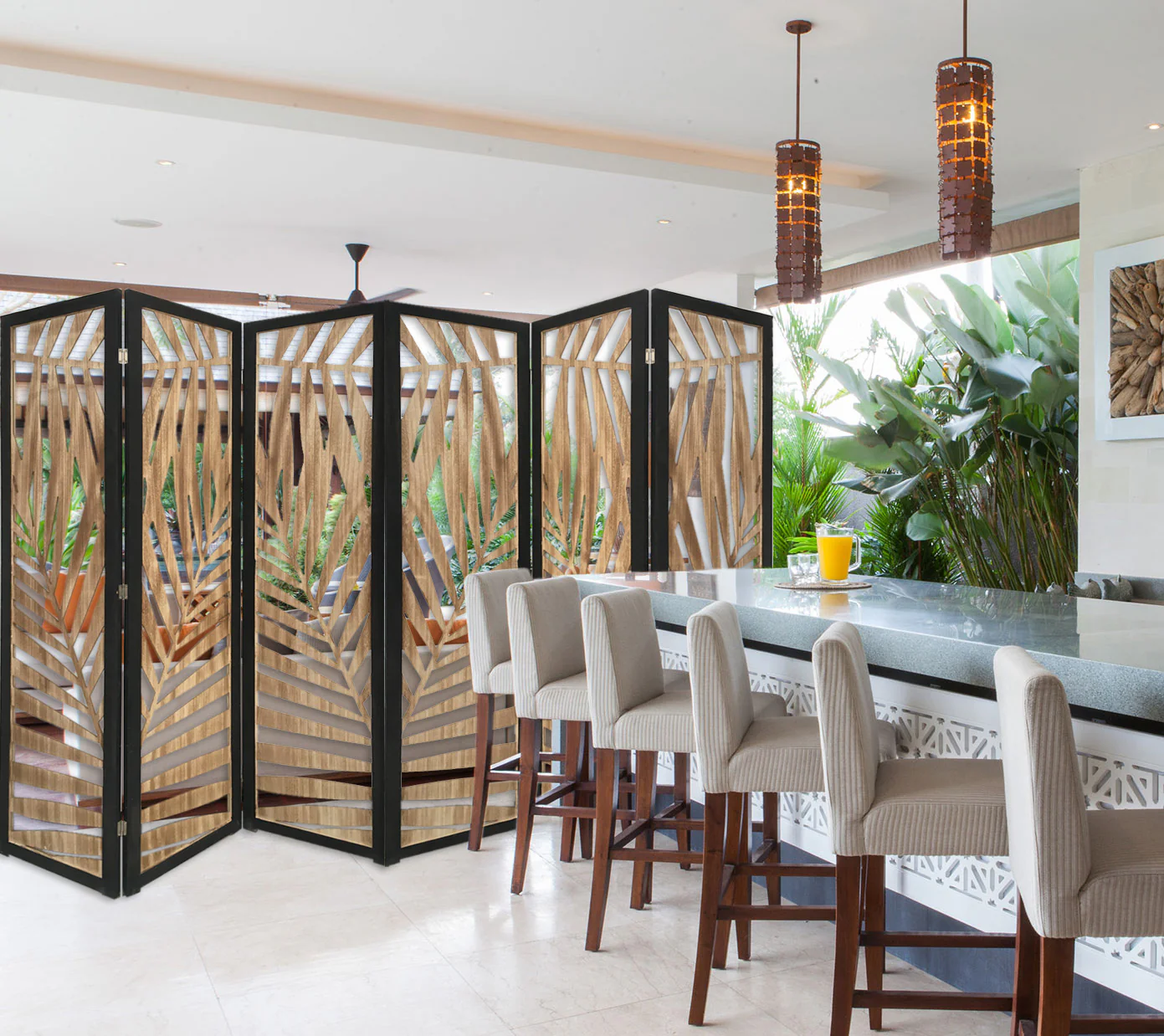3 Panel Room Divider With Tropical Leaf Design By Homeroots - Image 5