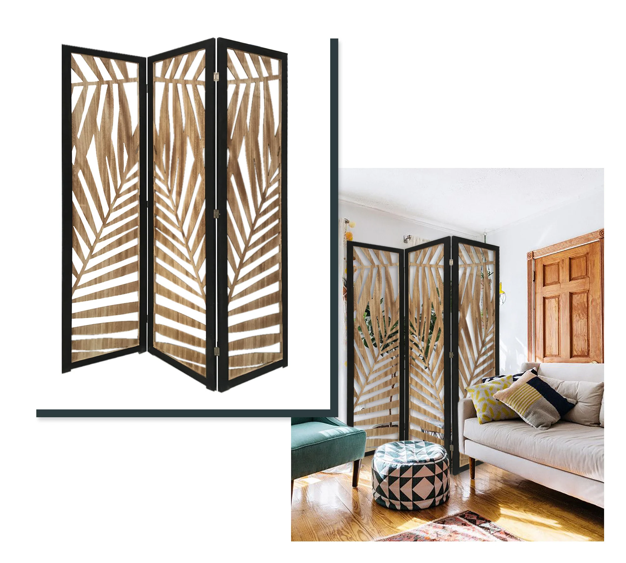 3 Panel Room Divider With Tropical Leaf Design By Homeroots - Image 6