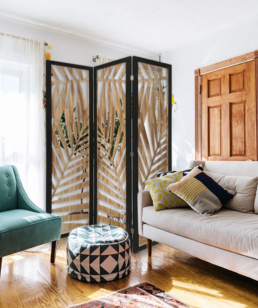 3 Panel Room Divider With Tropical Leaf Design By Homeroots - Image 7