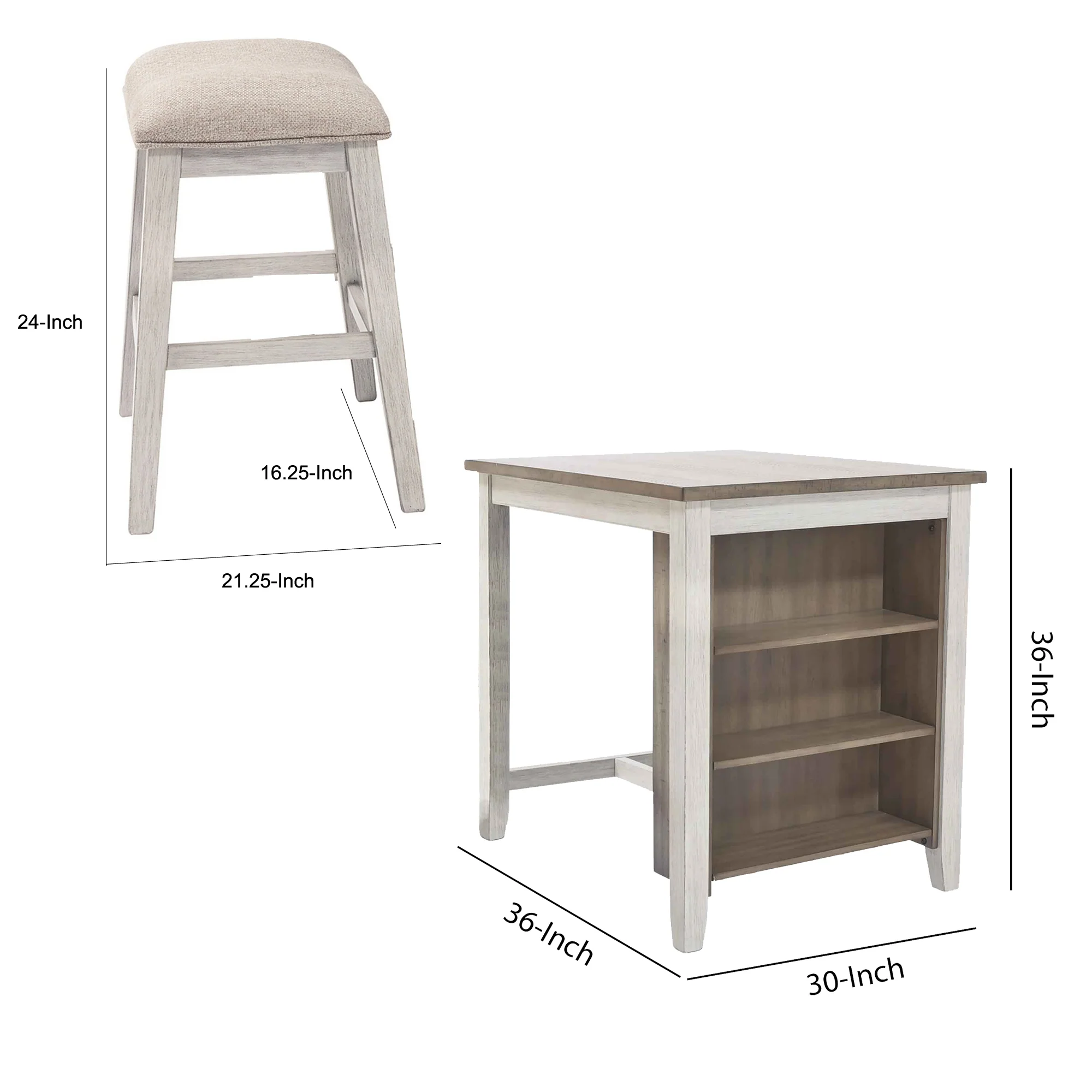 3 Piece Counter Height Table And Barstool Set, Antique White And Brown By Benzara - Image 2
