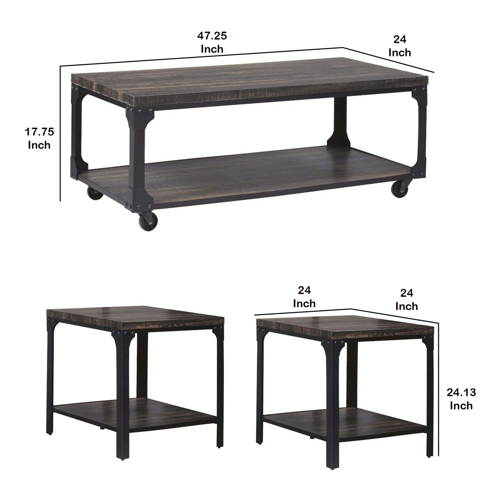 3 Piece Metal Frame Occasional Table Set With Rivets Brown And Black By Benzara - Image 3