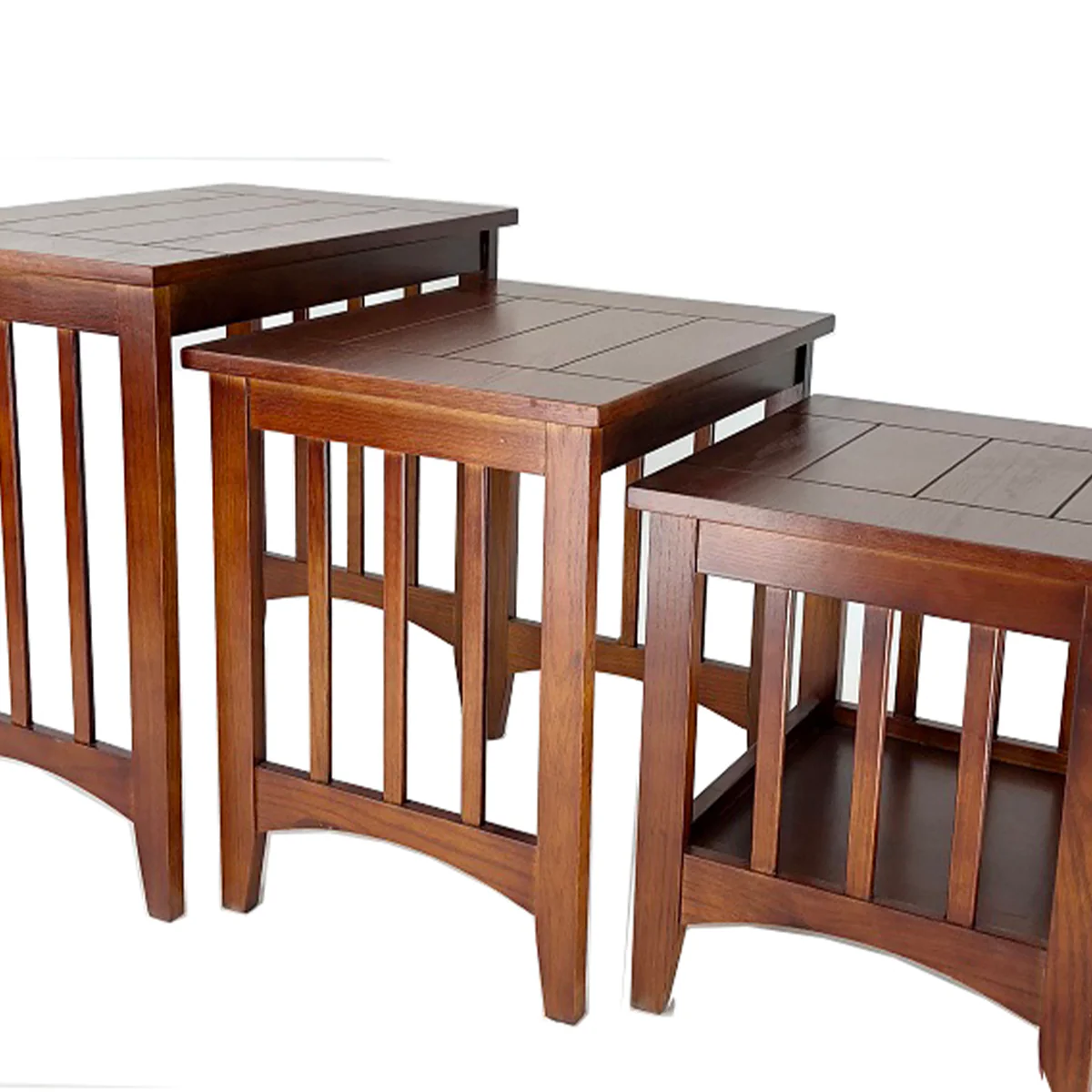 3 Piece Nesting Table With Plank Tabletop And Slatted Sides, Oak Brown By Benzara - Image 3