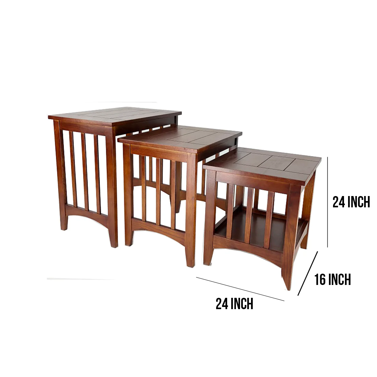 3 Piece Nesting Table With Plank Tabletop And Slatted Sides, Oak Brown By Benzara - Image 5